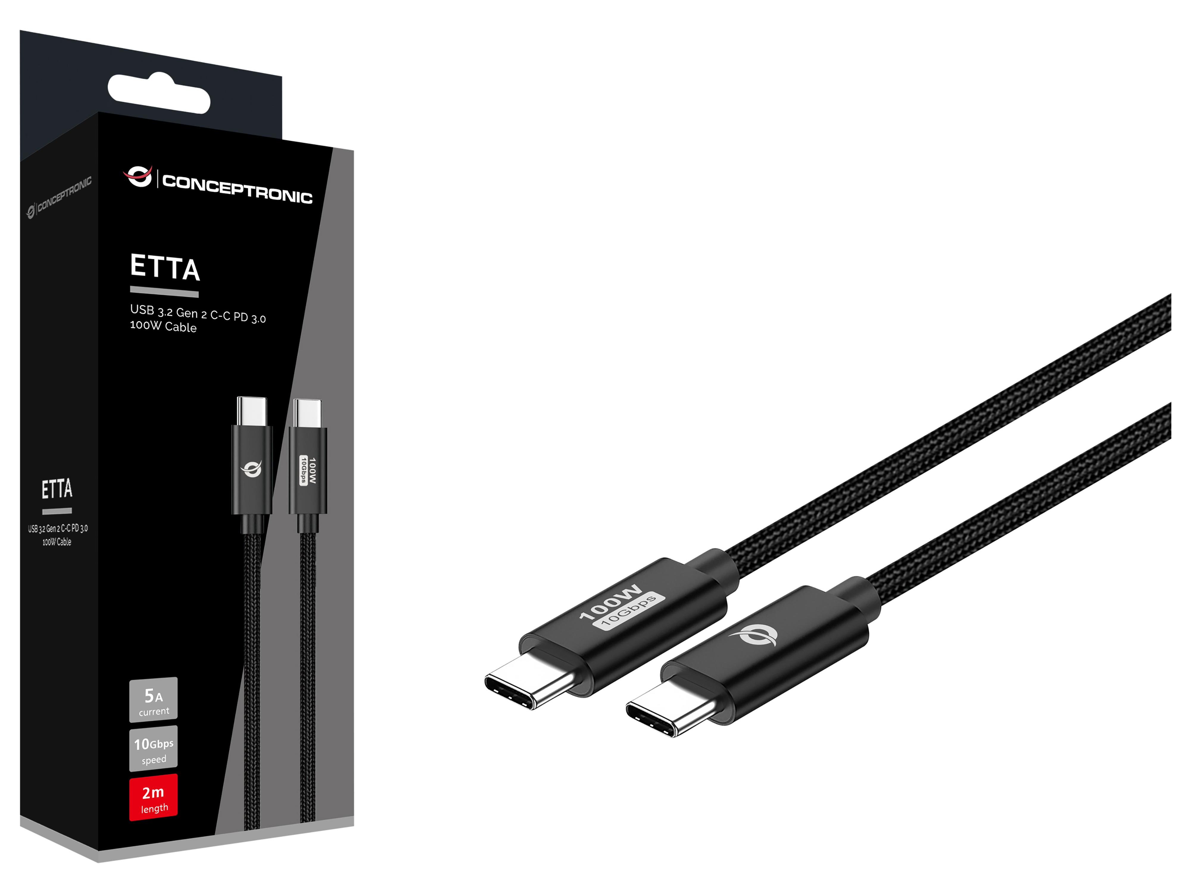 CONCEPTRONIC USB-C Kabel ETTA02B20 100W 2m schwarz CONCEPTRONIC USB-C Kabel ETTA02B20 100W 2m schwarz