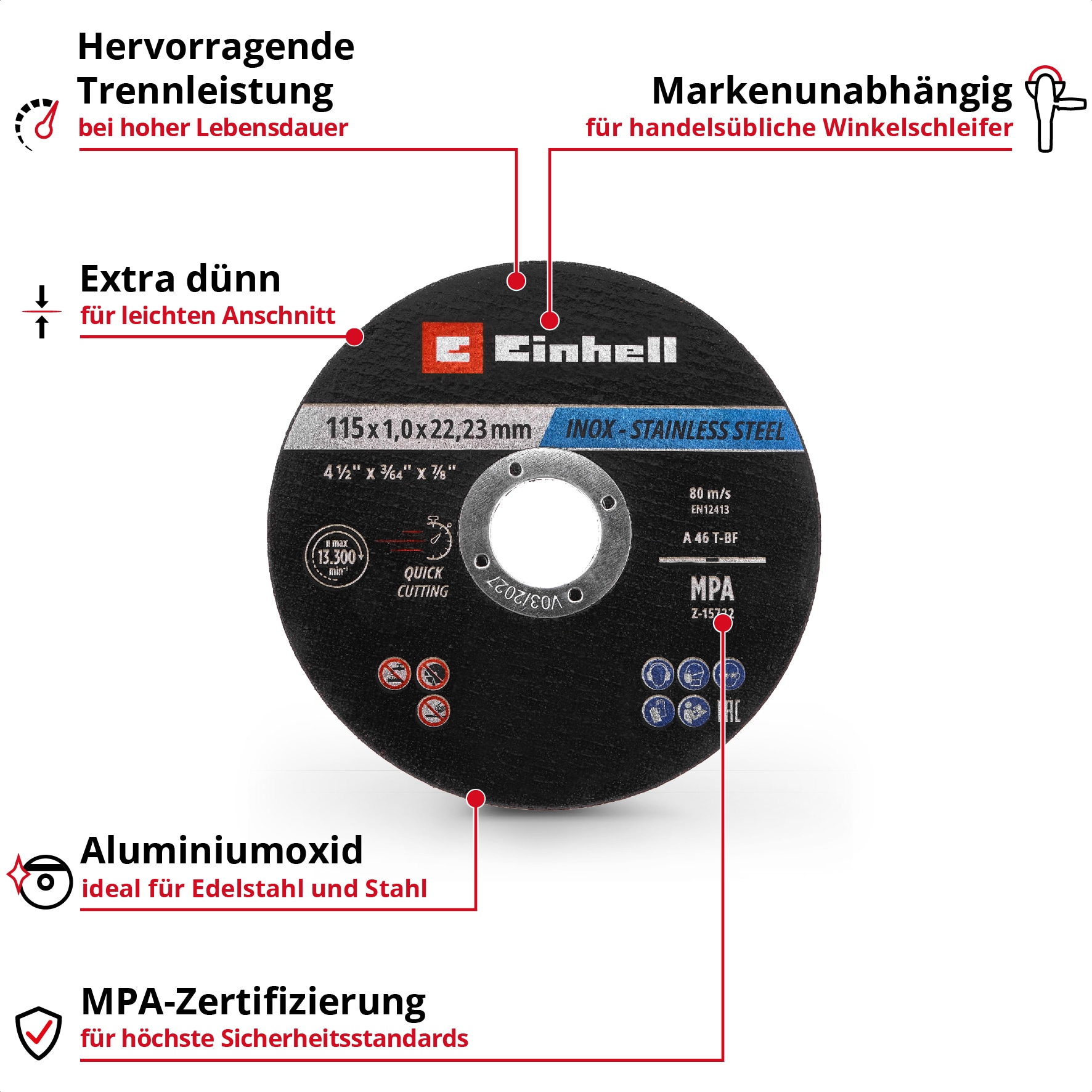 EINHELL Trennscheiben, 711525, 115x1,0 mm, 10 Stück