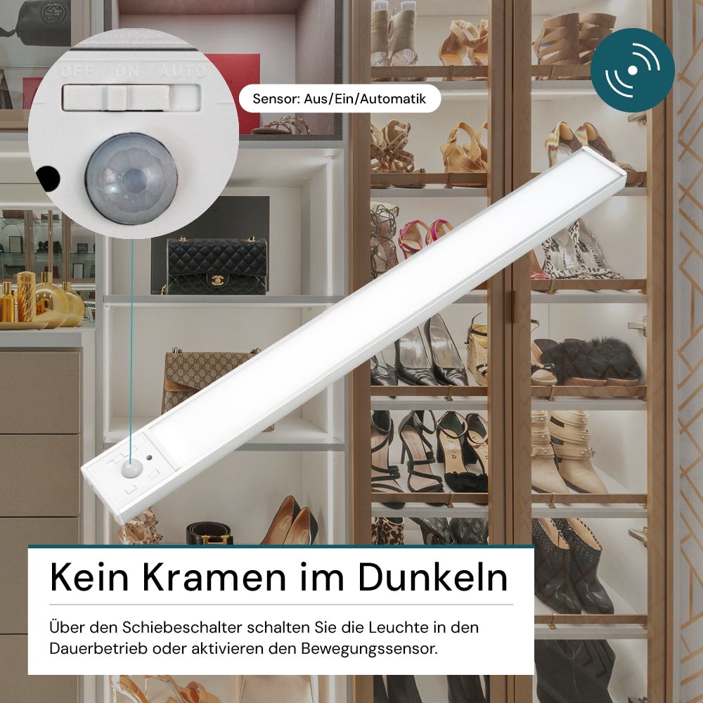 LUXULA LED-Schrankleuchte mit Bewegungsmelder, 3,3W, 120lm, CCT, IP20, silber, 40cm LUXULA LED-Schrankleuchte mit Bewegungsmelder, 3,3W, 1250lm, CCT, IP20, silber, 40cm