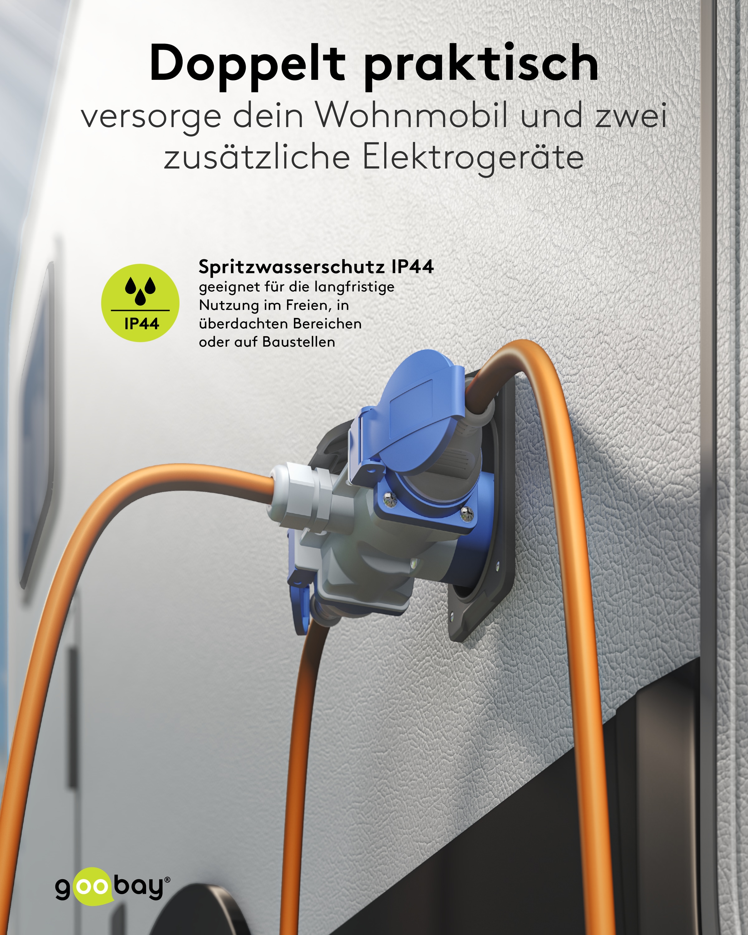 GOOBAY CEE-Adapterkabel 76266, 10 m, Stecker zu Kupplung + 2x Schutzkontaktkupplung