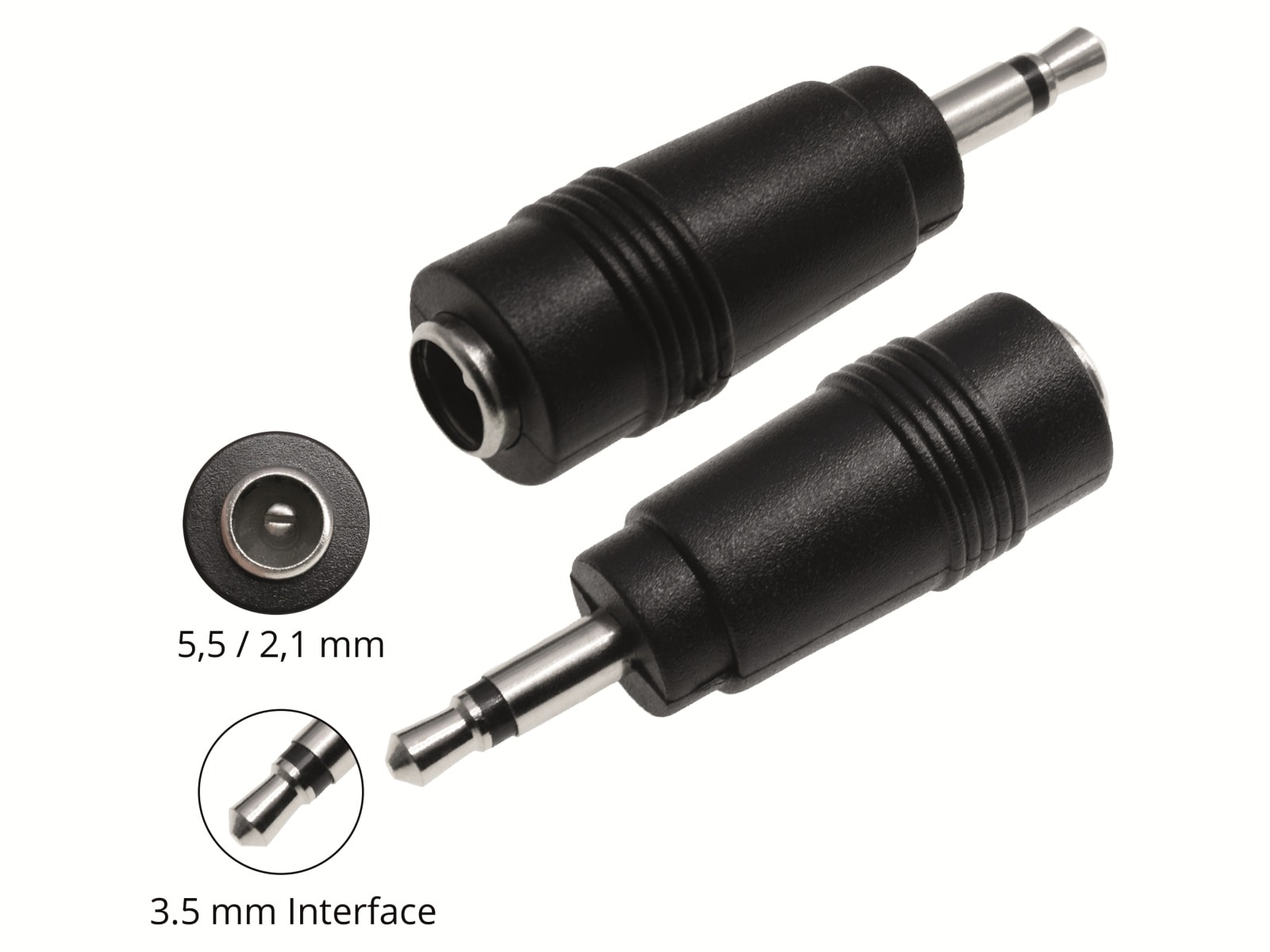 Hohlsteckeradapter, 5,5/2,1 Hohlkupplung auf 3,5 mm Klinkenstecker Hohlsteckeradapter, 5,5/2,1 Hohlkupplung auf 3,5 mm Klinkenstecker
