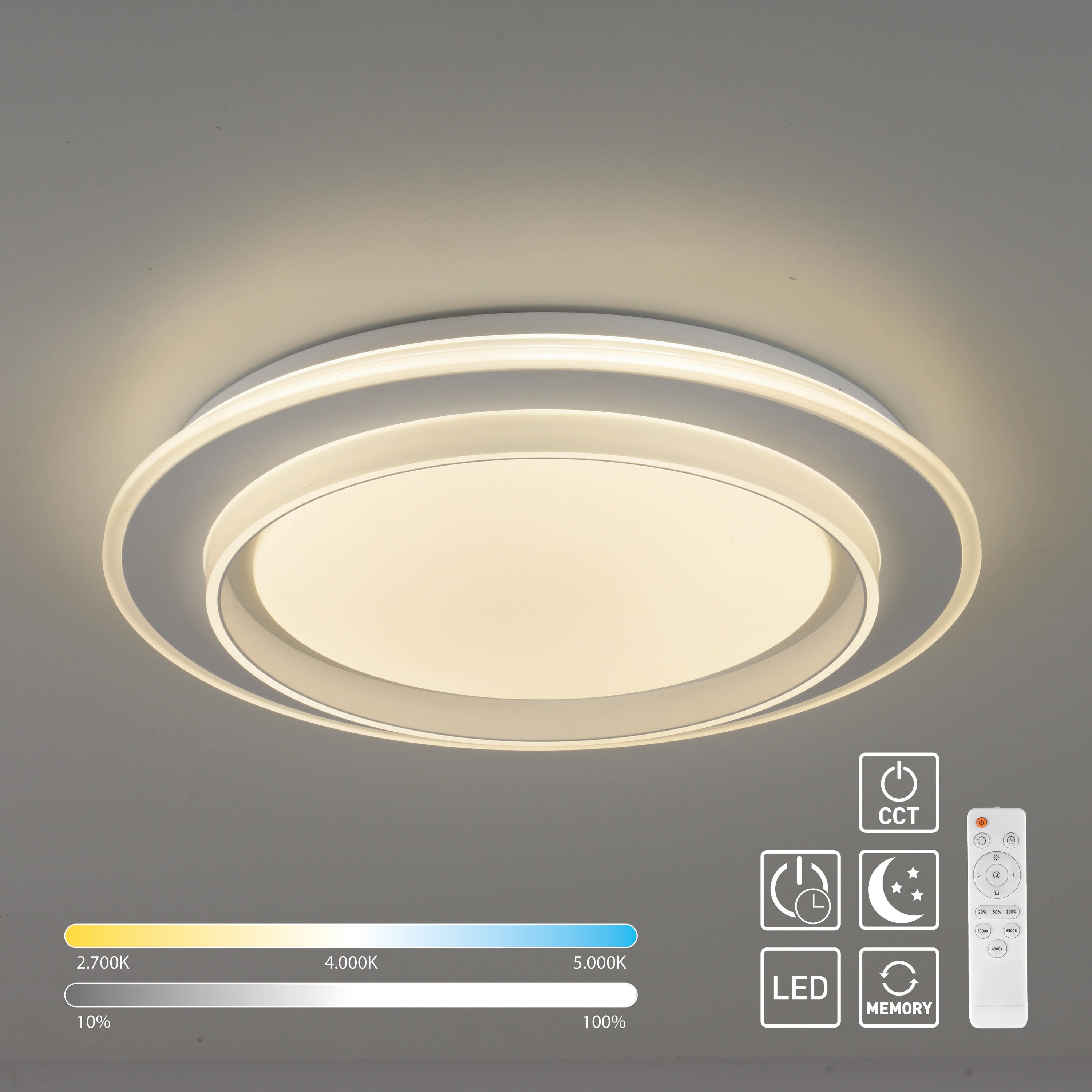 JUST LIGHT LED-Deckenleuchte 14296-16, 20W, CCT, 2700lm, IP20, weiß