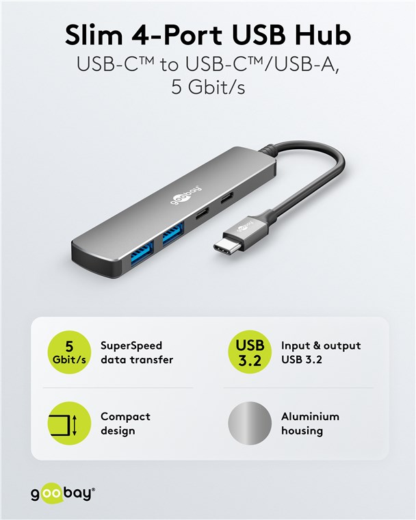 GOOBAY USB3.2 Hub 79159 Slim 4 Port USB-C auf USB-C/USB-A 5 Gbit/s GOOBAY USB3.2 Hub 79159 Slim 4 Port USB-C auf USB-C/USB-A 5 Gbit/s