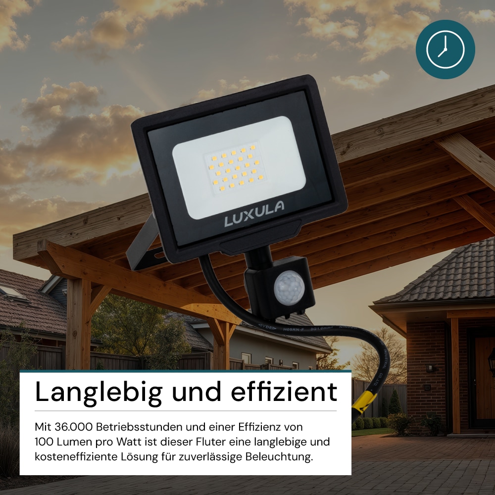 LUXULA LED-Fluter mit Bewegungsmelder, EEK: F, 20W, 2000lm, 3000K, schwarz