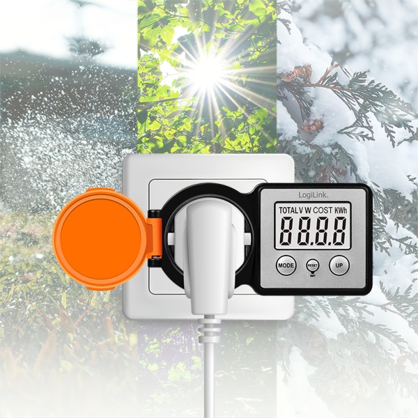 LOGILINK Außensteckdose mit Energiekostenmesser, 2"-LCD-Display, Schutzklappe