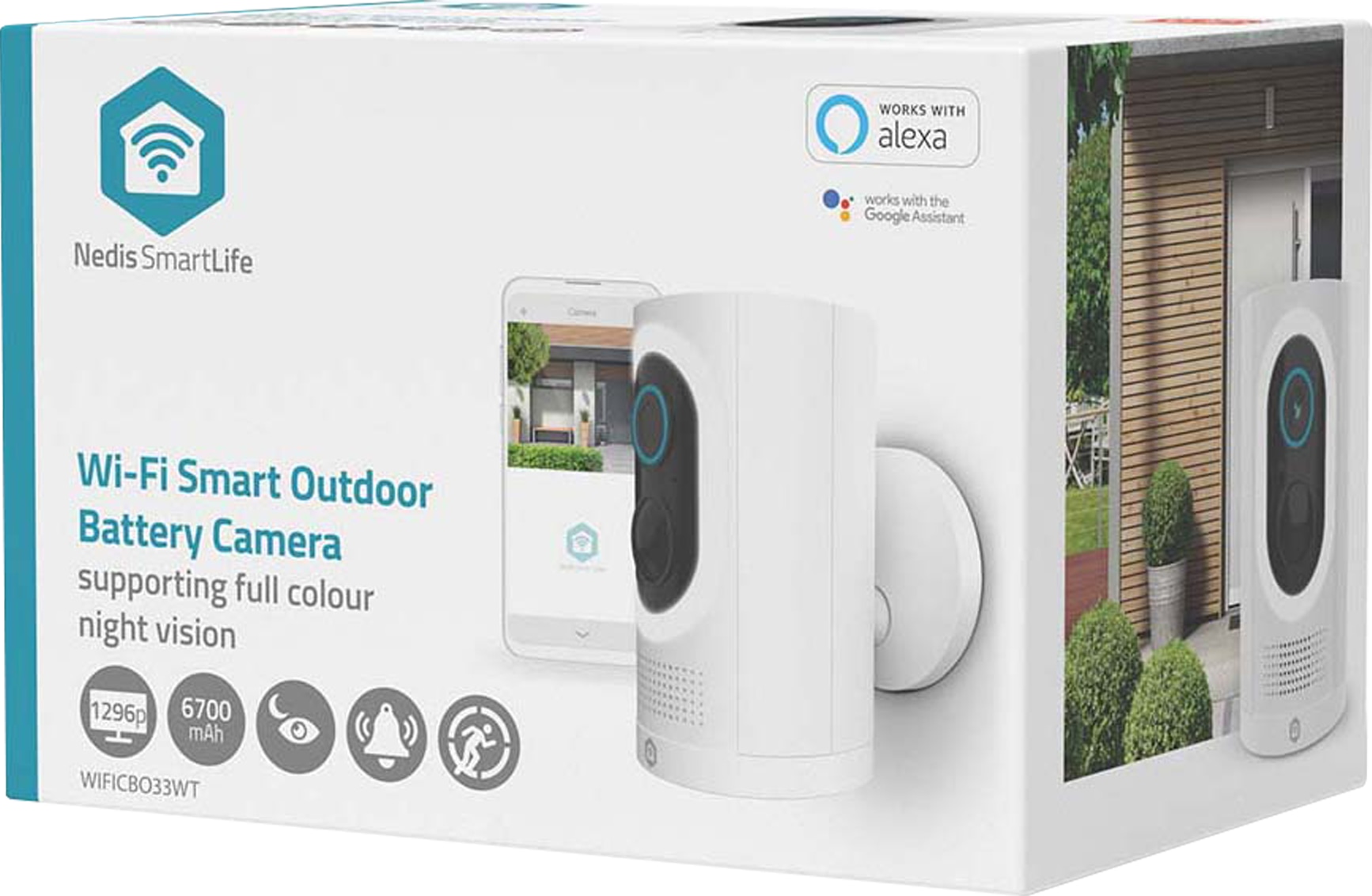 NEDIS SmartLife Außenkamera WIFICBO33WT, 3MP Full HD 1296p, IP65, kabellos, Mensch-Erkennung, Farb-Nachtsicht