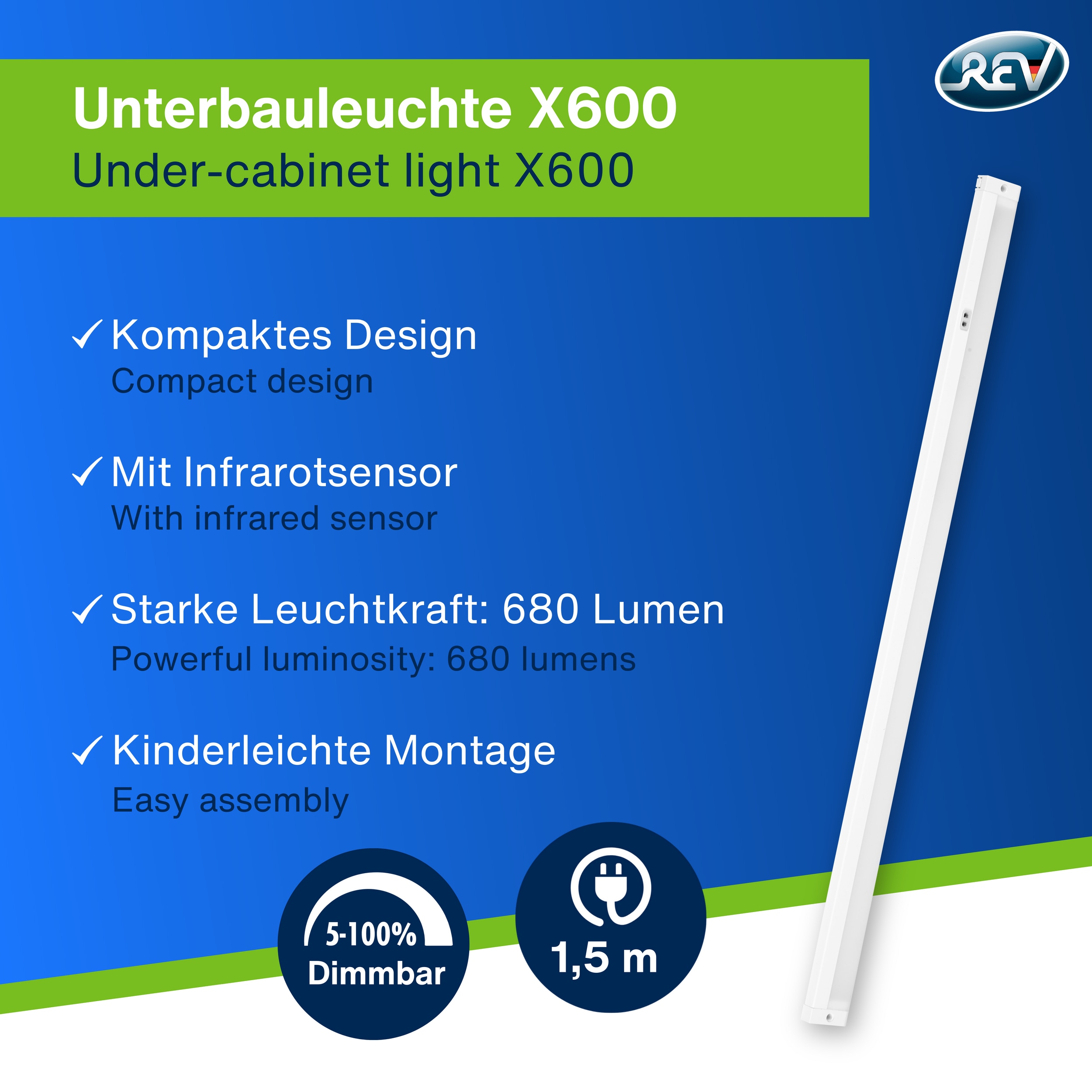 REV LED-Unterbauleuchte, 8W, 3000K, 680lm, warmweiß, IP20, 60 cm REV LED-Unterbauleuchte, 8W, 3000K, 680lm, warmweiß, IP20, 60 cm