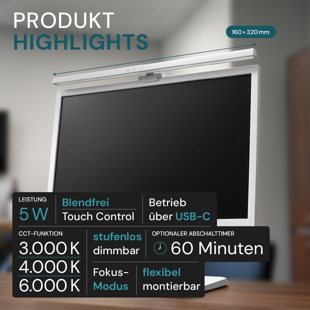 LUXULA LED-Monitorleuchte, 5W, EEK: G, 250lm, CCT, IP20, Touch Control, weiß, 50 cm