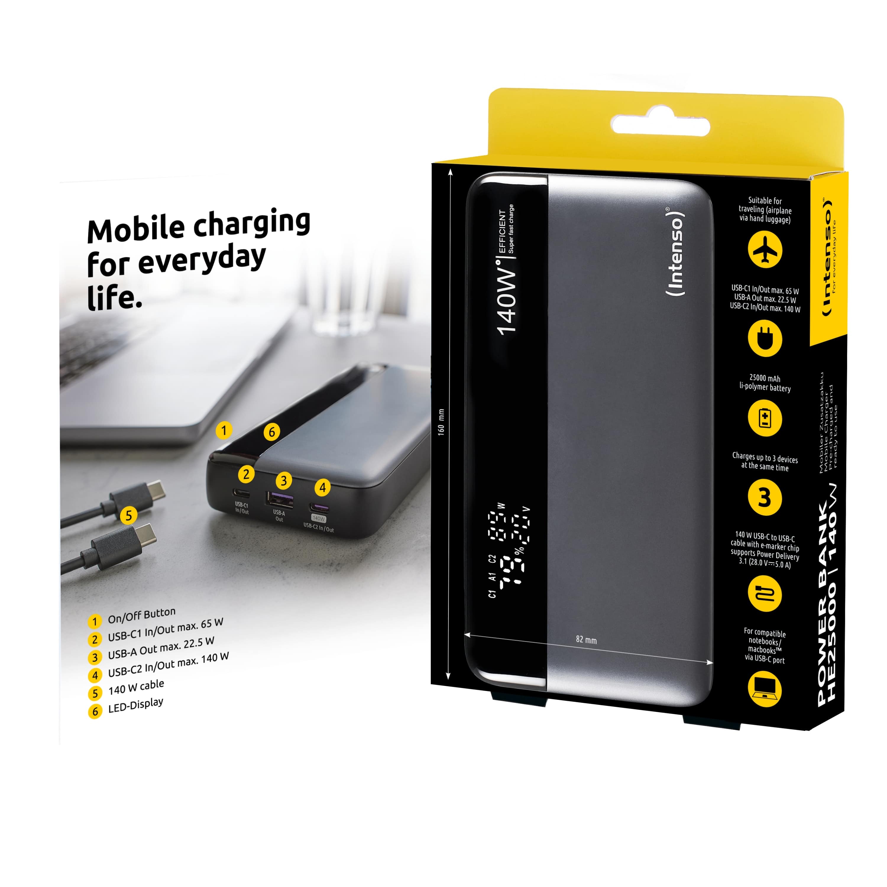 INTENSO USB Powerbank 7350060 HE25000, 25.000mAh, 140 W, grau INTENSO USB Powerbank 7350060 HE25000, 25.000mAh, 140 W, grau