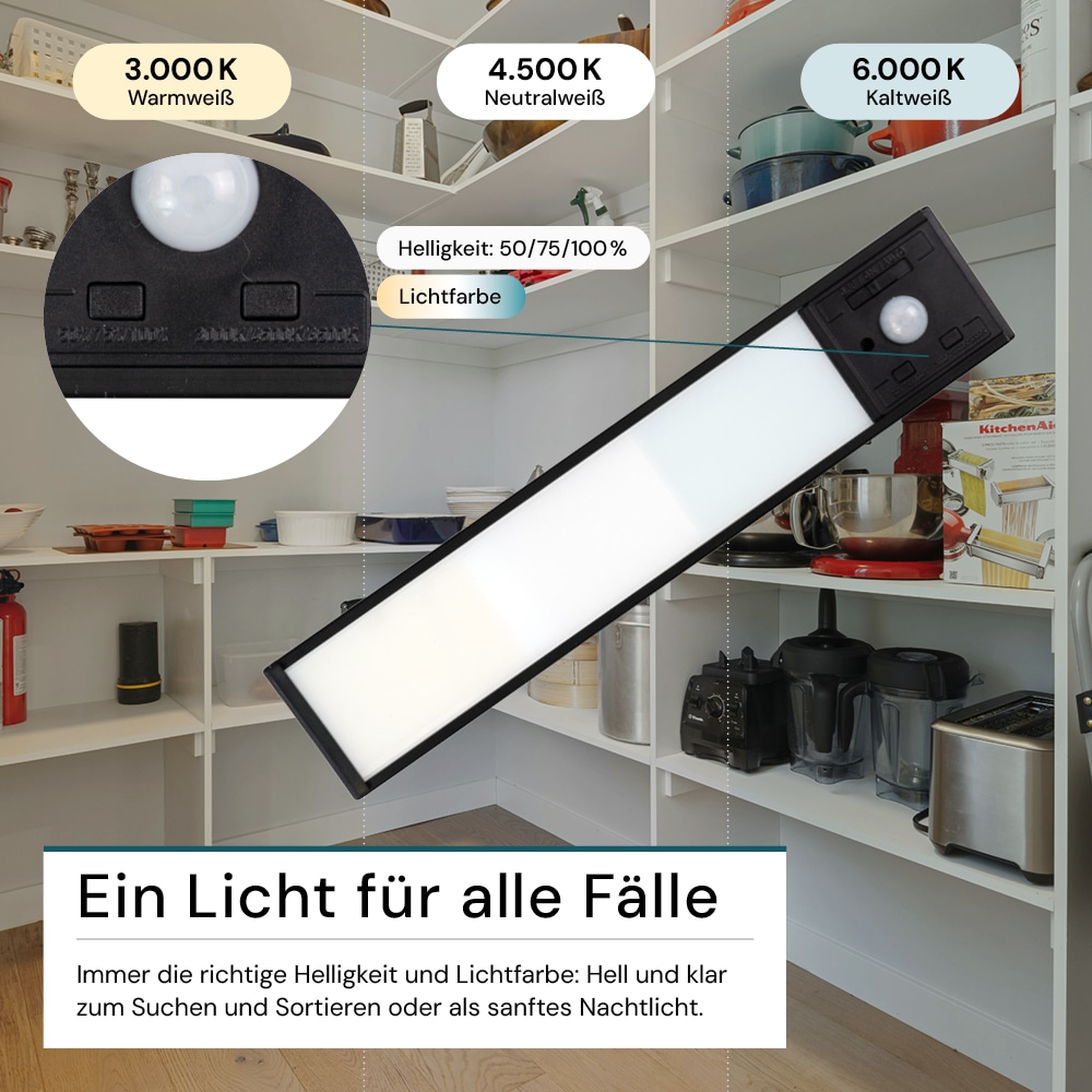 LUXULA LED-Schrankleuchte mit Bewegungsmelder, 2,2W, 450lm, CCT, IP20, schwarz, 20cm