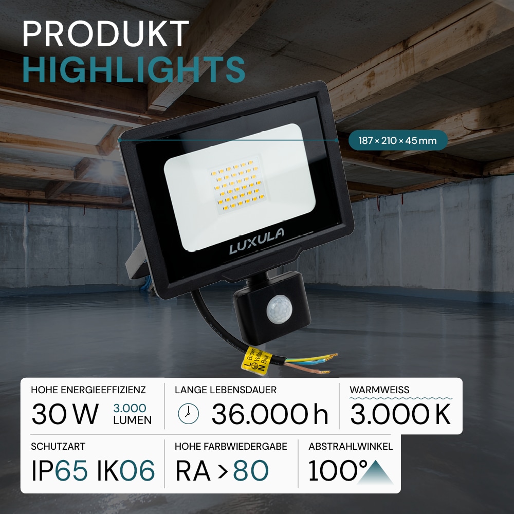 LUXULA LED-Fluter mit Bewegungsmelder, EEK: F, 30W, 3000lm, 3000K, schwarz
