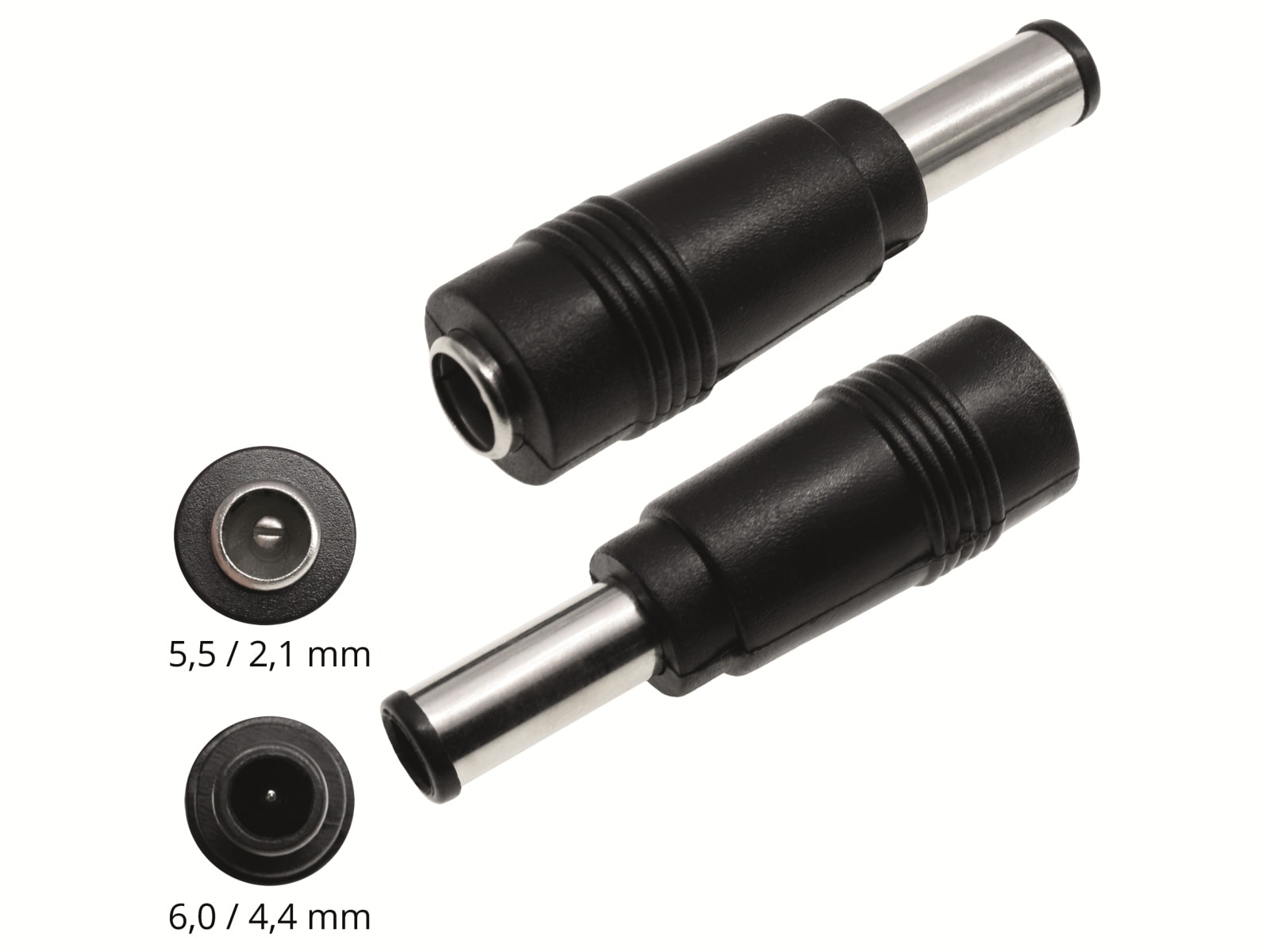 Hohlsteckeradapter, 5,5/2,1 Hohlkupplung auf 6,0/4,4 Hohlst. Sony mit Stift Hohlsteckeradapter, 5,5/2,1 Hohlkupplung auf 6,0/4,4 Hohlst. Sony mit Stift