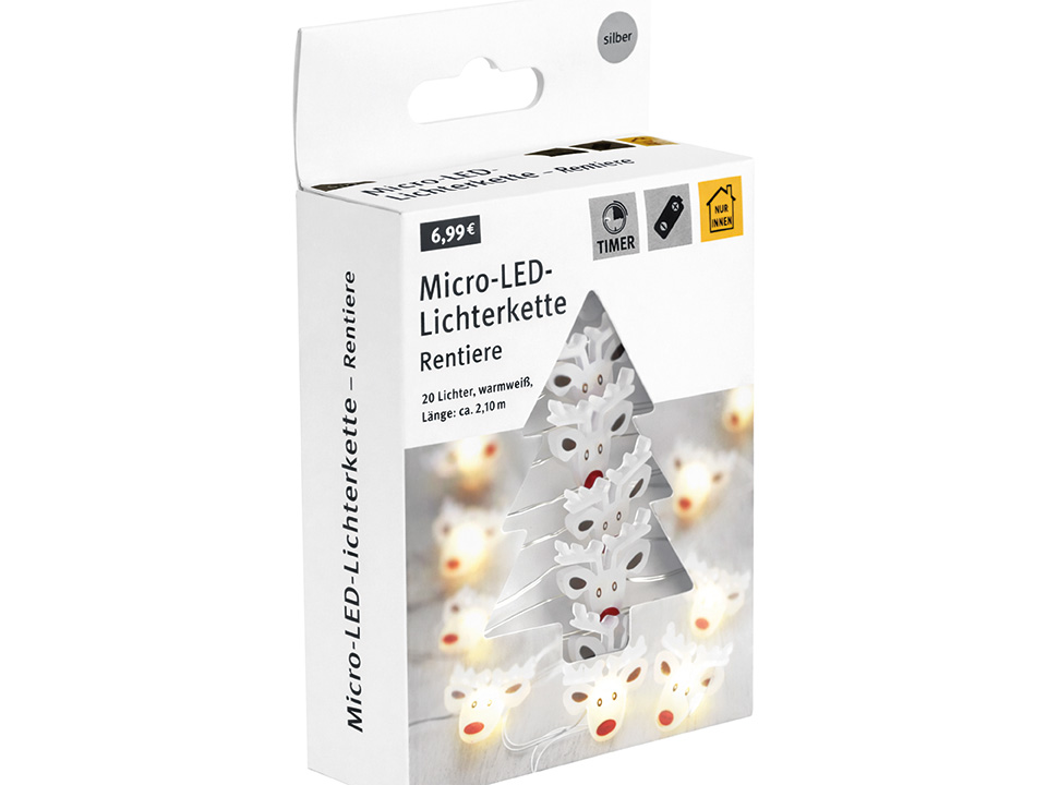 Micro-LED-Lichterkette, Rentiere, 3 V, 20 LEDs, Silberdraht, warmweiß, 2,10m Micro-LED-Lichterkette, Rentiere, 3 V, 20 LEDs, Silberdraht, warmweiß, 2,10m