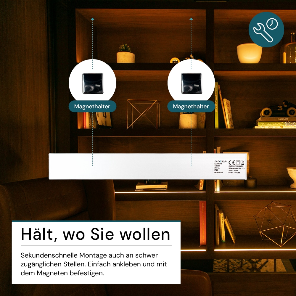 LUXULA LED-Schrankleuchte mit Bewegungsmelder, 2,96W, 110lm, CCT, IP20, silber, 30cm LUXULA LED-Schrankleuchte mit Bewegungsmelder, 2,96W, 850lm, CCT, IP20, silber, 30cm