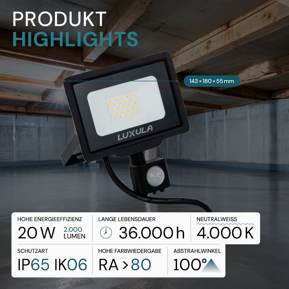 LUXULA LED-Fluter mit Bewegungsmelder, EEK: F, 20W, 2000lm, 4000K, schwarz