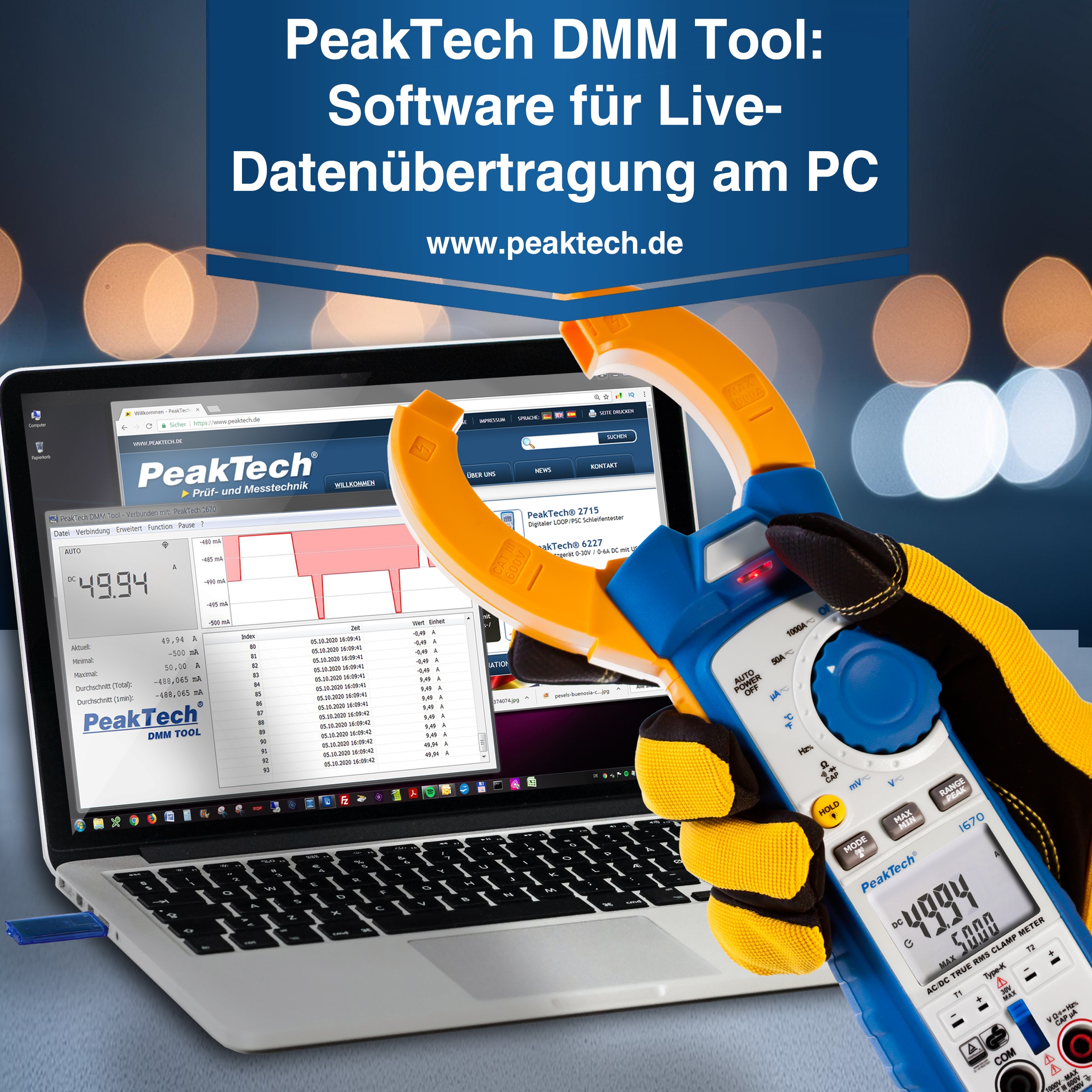 PEAKTECH True RMS Stromzange, P 1670, 1000 A AC/ DC, Bluetooth