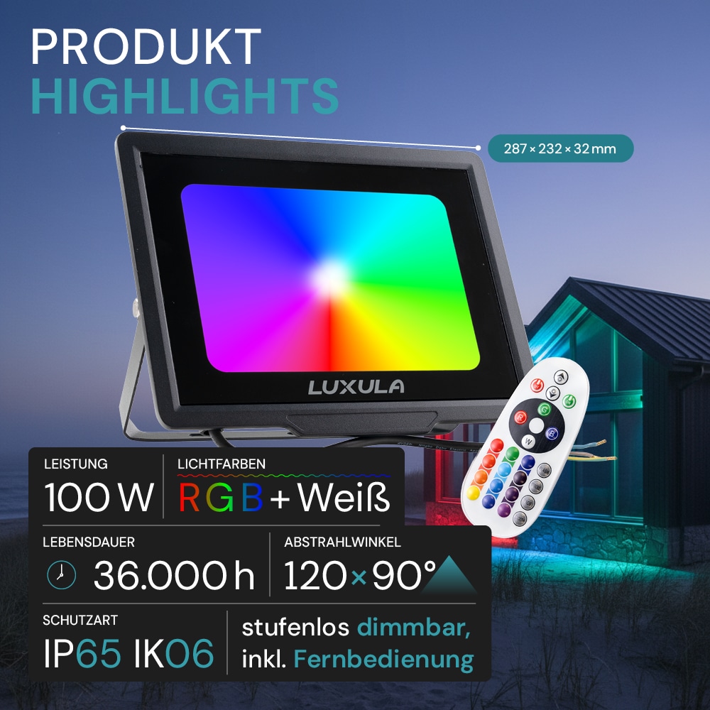 LUXULA RGB LED-Fluter LX400184, 100W, IP65, schwarz, mit Fernbedienung LUXULA RGB LED-Fluter LX400184, 100W, IP65, schwarz, mit Fernbedienung