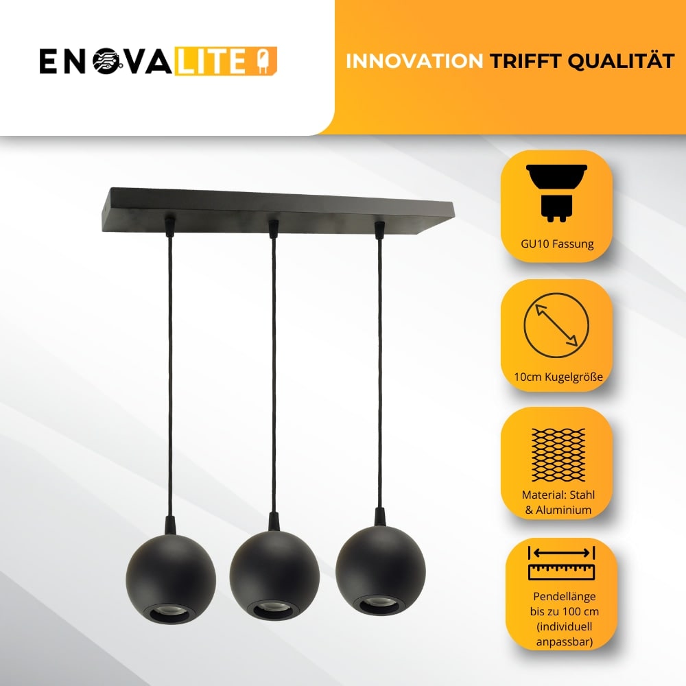 ENOVALITE LED-Pendellampe GLOBE, GU10-Fassung, IP20, Ø10cm, 3 flammig, schwarz ENOVALITE LED-Pendellampe GLOBE, GU10-Fassung, IP20, Ø10cm, 3 flammig, schwarz