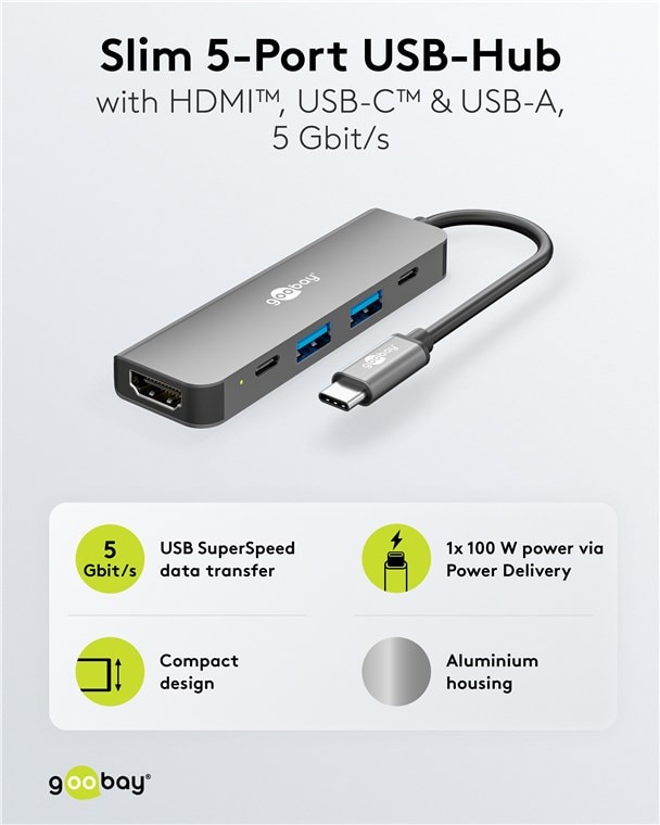GOOBAY USB3.2 Hub 78967 Slim 5 Port USB-C auf HDMI/USB-C/USB-A 5 Gbit/s GOOBAY USB3.2 Hub 78967 Slim 5 Port USB-C auf HDMI/USB-C/USB-A 5 Gbit/s