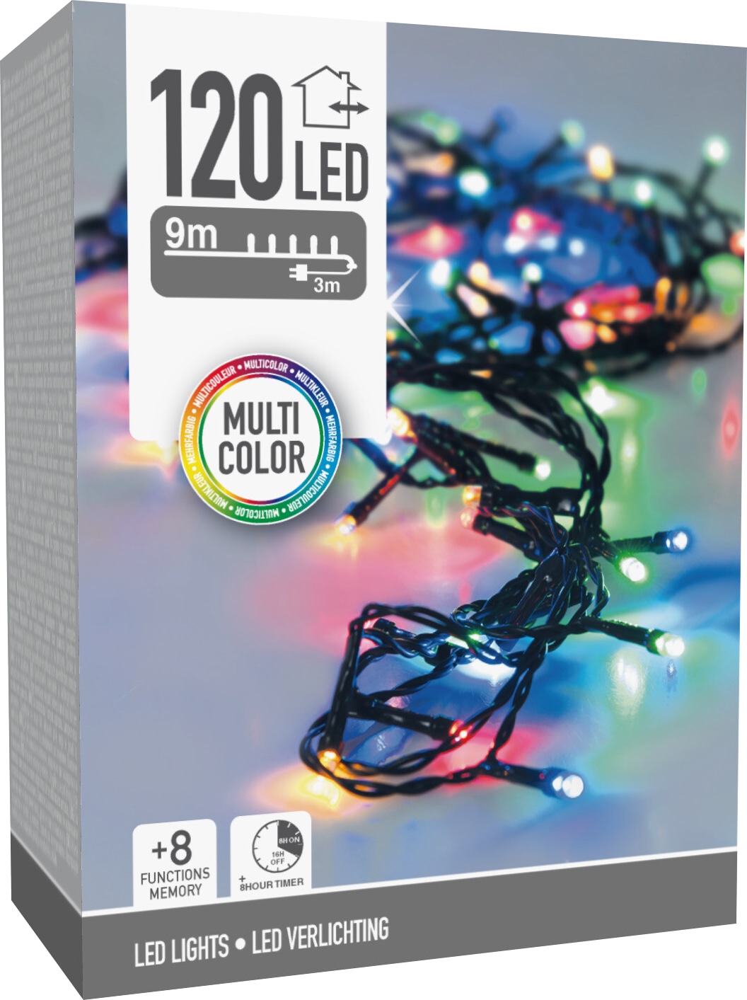 KOOPMAN LED-Lichterkette bunt, 120 LEDs, Grünes Kabel, Innen/Außen, 12m, 8 Funk.