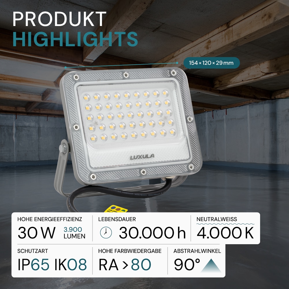 LUXULA LED-Fluter, EEK: E, 30W, 3900lm, 4000K, IP65, grau LUXULA LED-Fluter, EEK: E, 30W, 3900lm, 4000K, IP65, grau