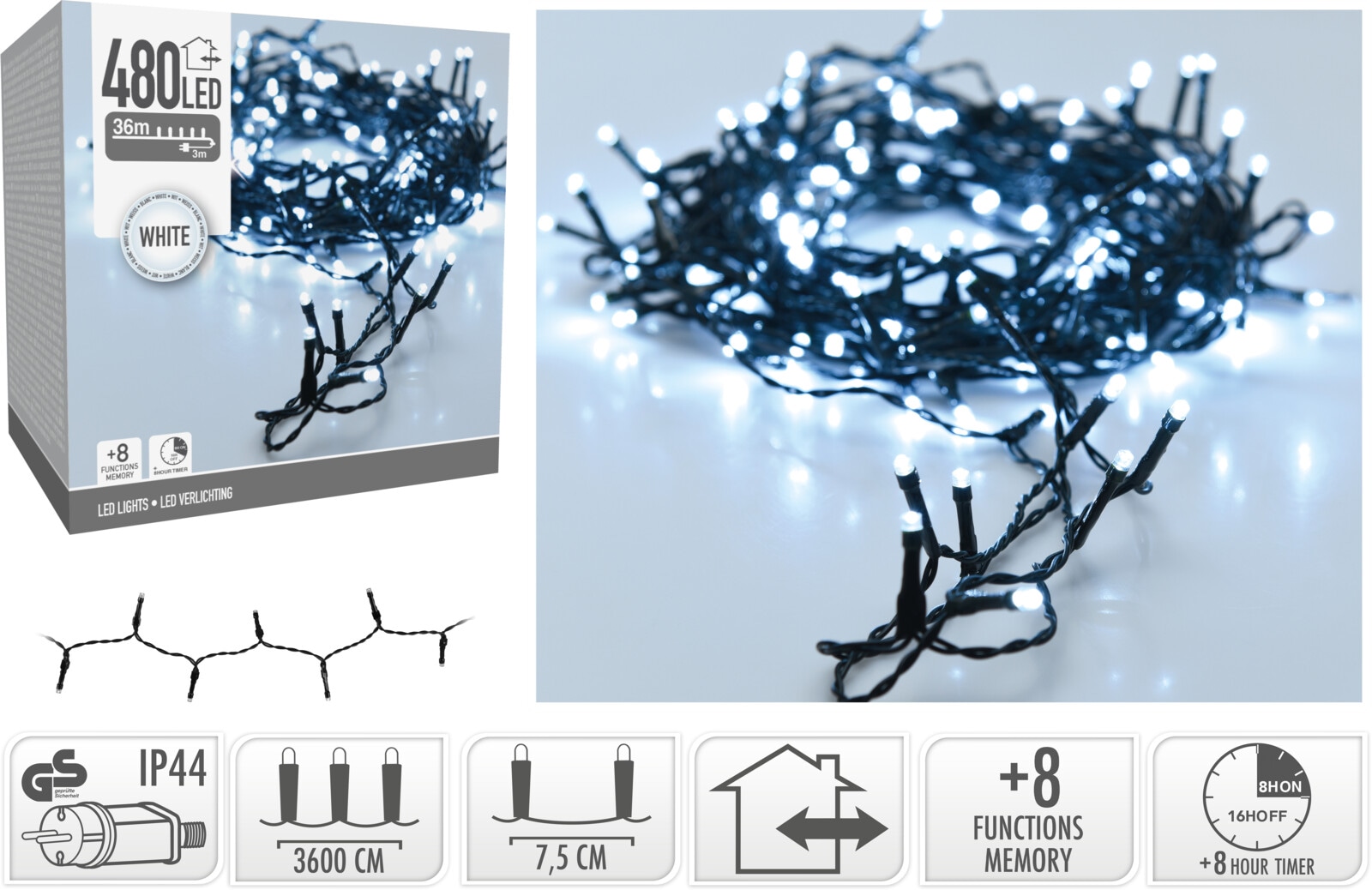 LED-Lichterkette kaltweiß, 480 LEDs, Grünes Kabel, Innen/Außen, 39m KOOPMAN LED-Lichterkette kaltweiß, 480 LEDs, Grünes Kabel, Innen/Außen, 39m
