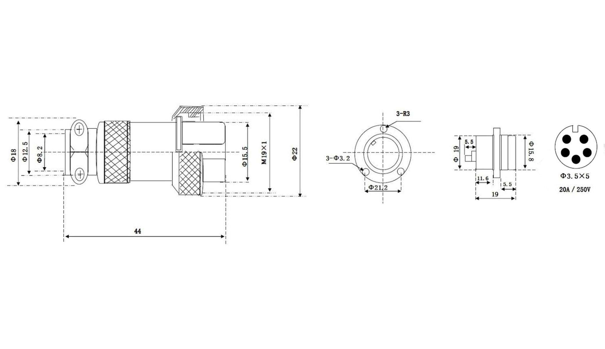 Hochstrom Einbaustecker-Set, 5-polig, Ø 19 mm, mit Abdeckkappe Hochstrom Einbaustecker-Set, 5-polig, Ø 19 mm, mit Abdeckkappe