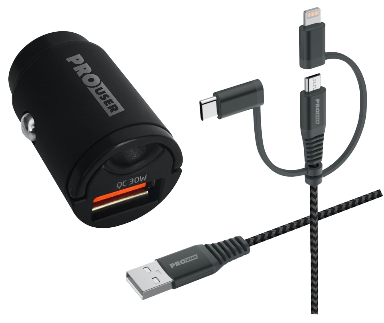 PROUSER KFZ USB-Lader-Set 20176, QC, extra klein, 3in1 USB-Kabel, schwarz PROUSER KFZ USB-Lader-Set 20176, QC, extra klein, 3in1 USB-Kabel, schwarz