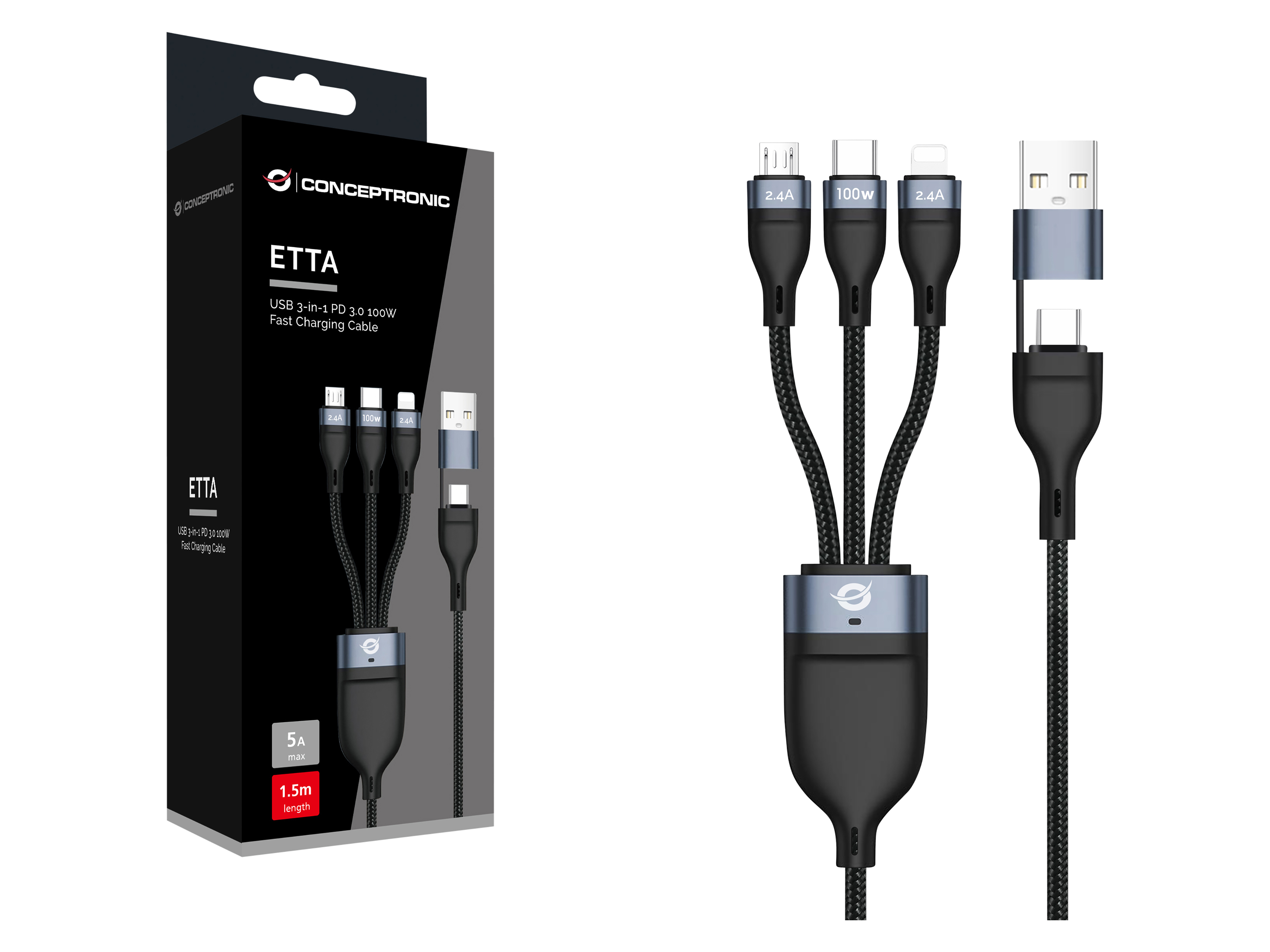 CONCEPTRONIC USB-C Kabel ETTA06B15 100W 1,5m schwarz 3-in-1