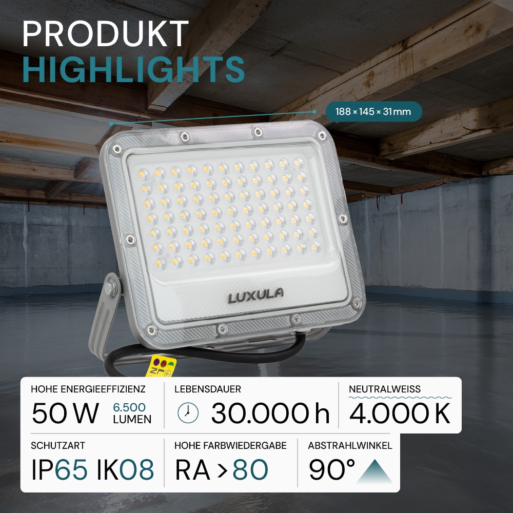 LUXULA LED-Fluter, EEK: E, 50W, 6500lm, 4000K, IP65, grau LUXULA LED-Fluter, EEK: E, 50W, 6500lm, 4000K, IP65, grau