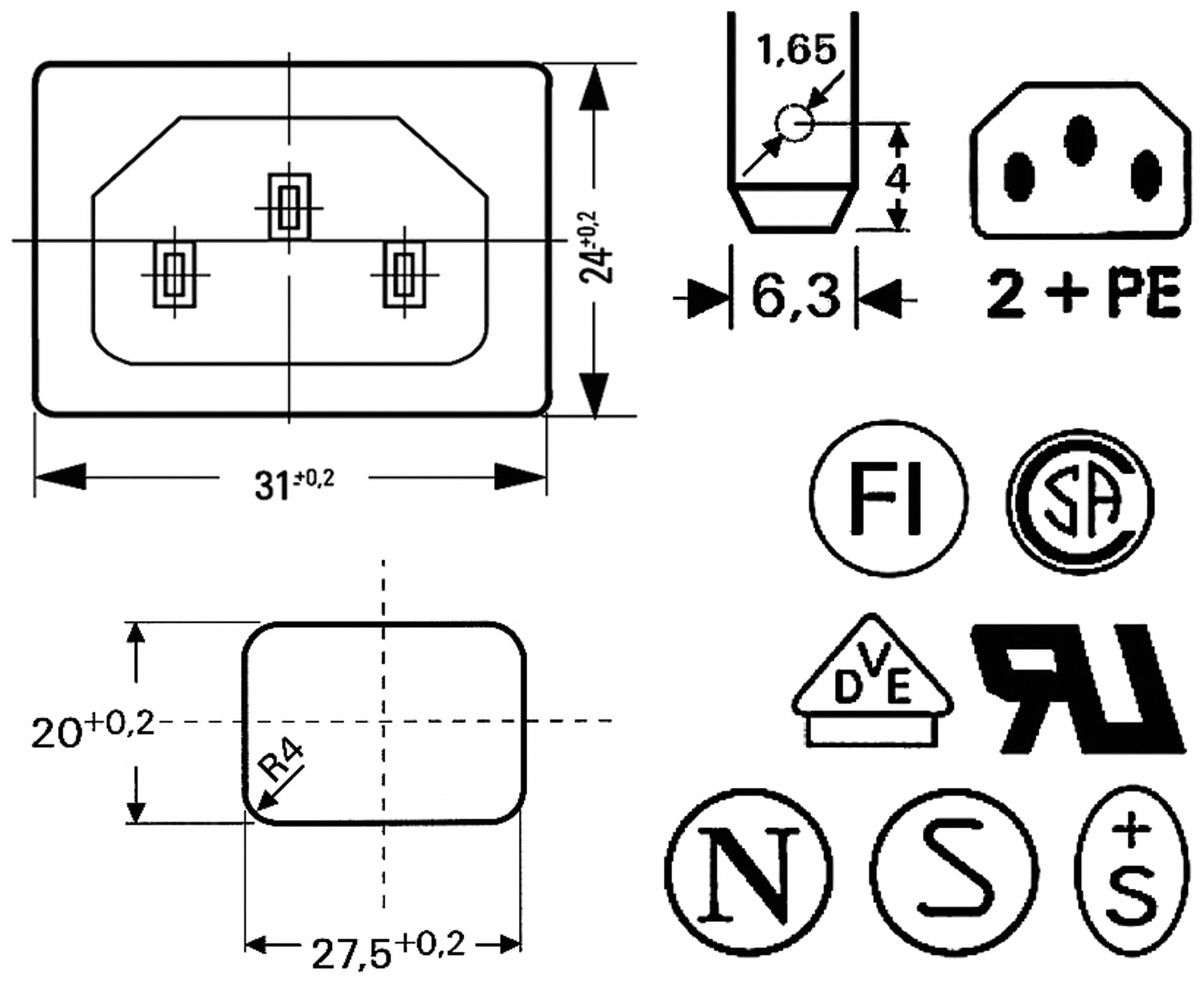 Kaltgeräte Einbaustecker, Snap-in, schwarz Kaltgeräte Einbaustecker, Snap-in, schwarz