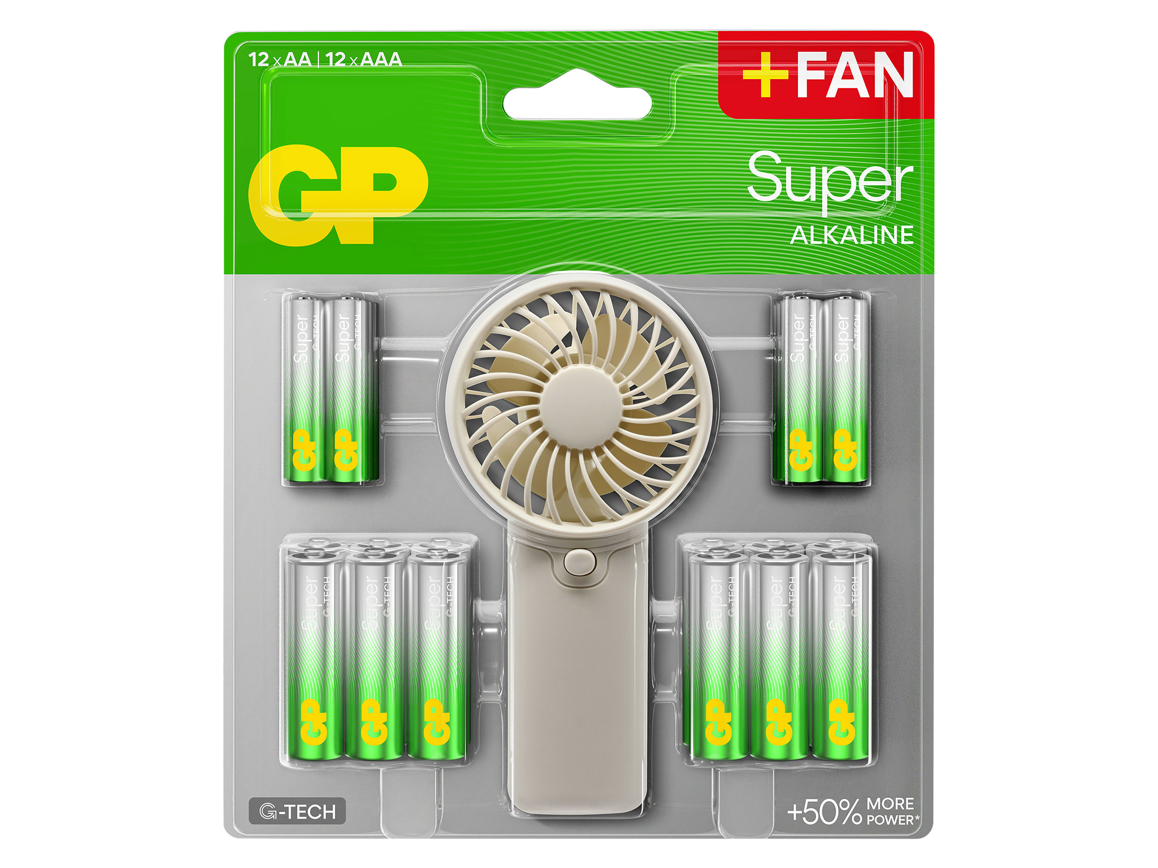 Alkaline Batterien GP, 12x AAA, 12x AA + kostenloser Handventilator Alkaline Batterien GP, 12x AAA, 12x AA + kostenloser Handventilator