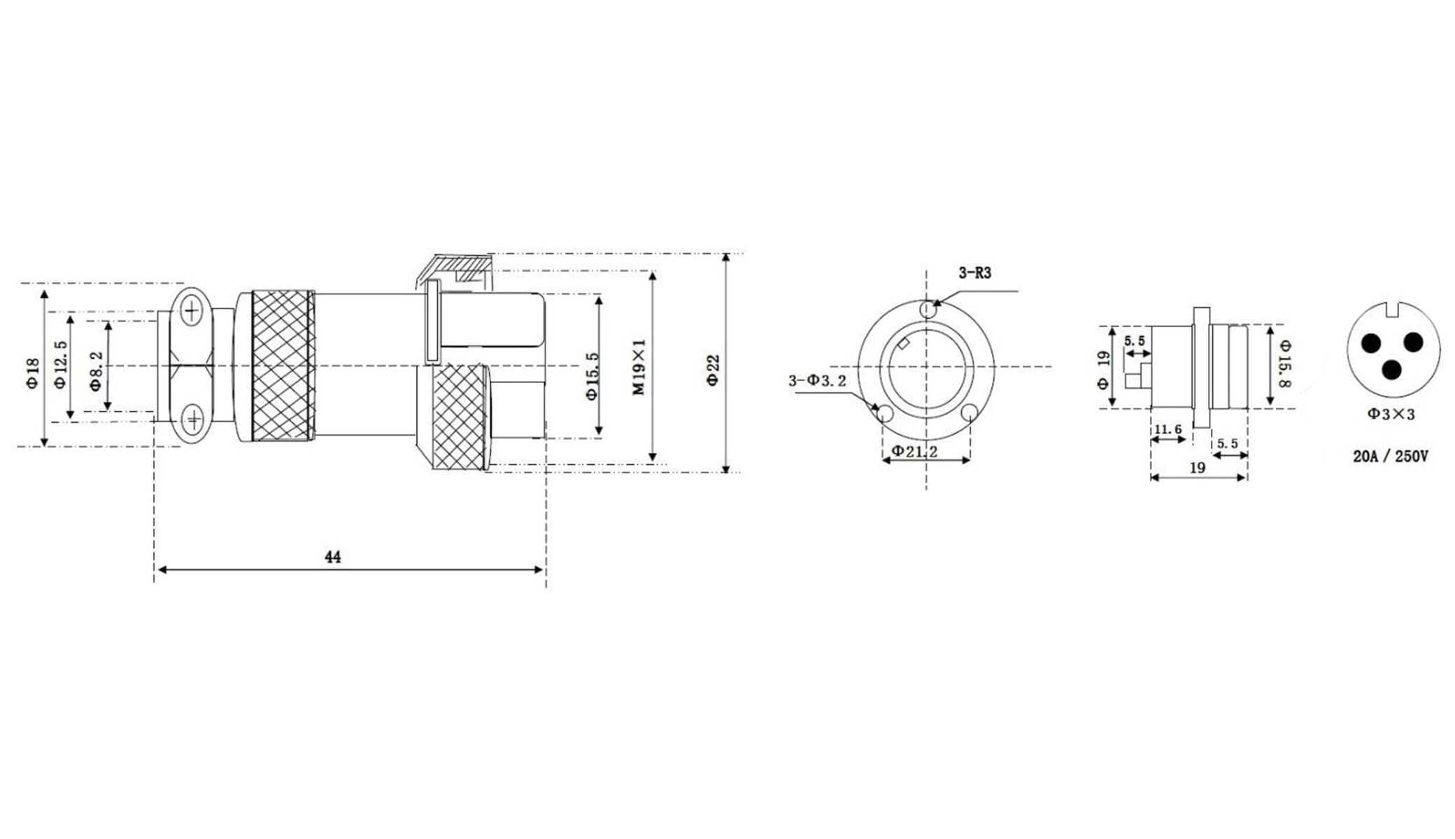 Hochstrom Einbaustecker-Set, 3-polig, Ø 19 mm, mit Abdeckkappe Hochstrom Einbaustecker-Set, 3-polig, Ø 19 mm, mit Abdeckkappe