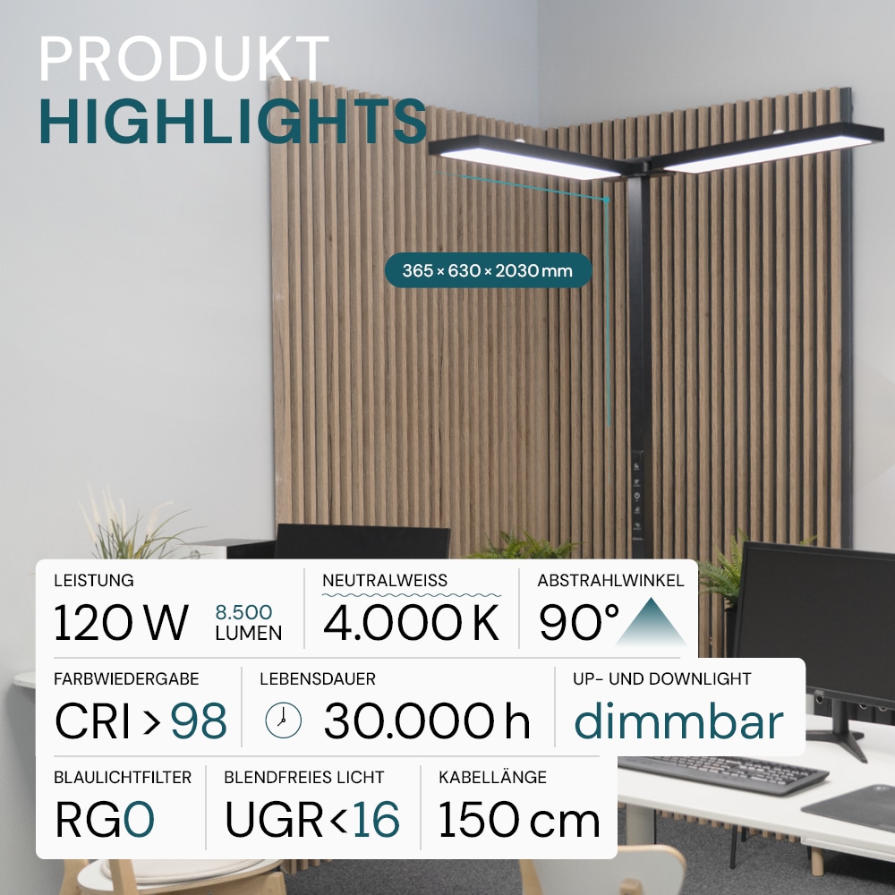 LUXULA LED-Büro-Stehleuchte, Up/Down, 120W, 4000K, EEK: F, 8500lm, IP20, dimmbar, schwarz LUXULA LED-Büro-Stehleuchte, Up/Down, 120W, 4000K, EEK: F, 8500lm, IP20, dimmbar, schwarz