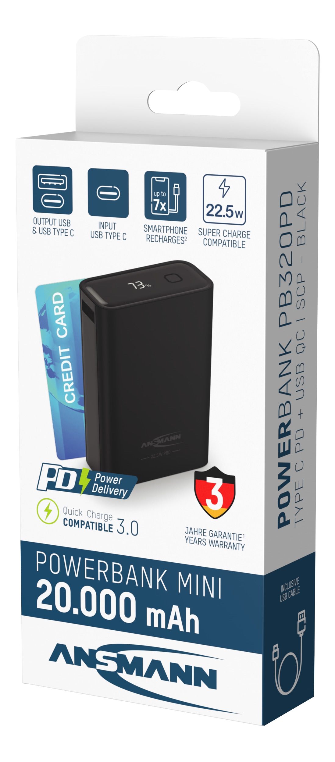 ANSMANN Powerbank PB222PD, 20000 mAh, 1xUSB-A, 1xUSB-C, schwarz ANSMANN Powerbank PB222PD, 20000 mAh, 1xUSB-A, 1xUSB-C, schwarz