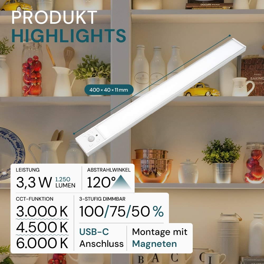 LUXULA LED-Schrankleuchte mit Bewegungsmelder, 3,3W, 120lm, CCT, IP20, silber, 40cm LUXULA LED-Schrankleuchte mit Bewegungsmelder, 3,3W, 1250lm, CCT, IP20, silber, 40cm