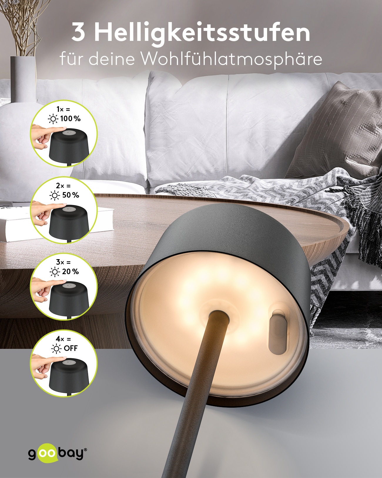 GOOBAY LED-Tischleuchte 77675, 2W, 3000 K, 150 lm, warmweiß, IP44, schwarz