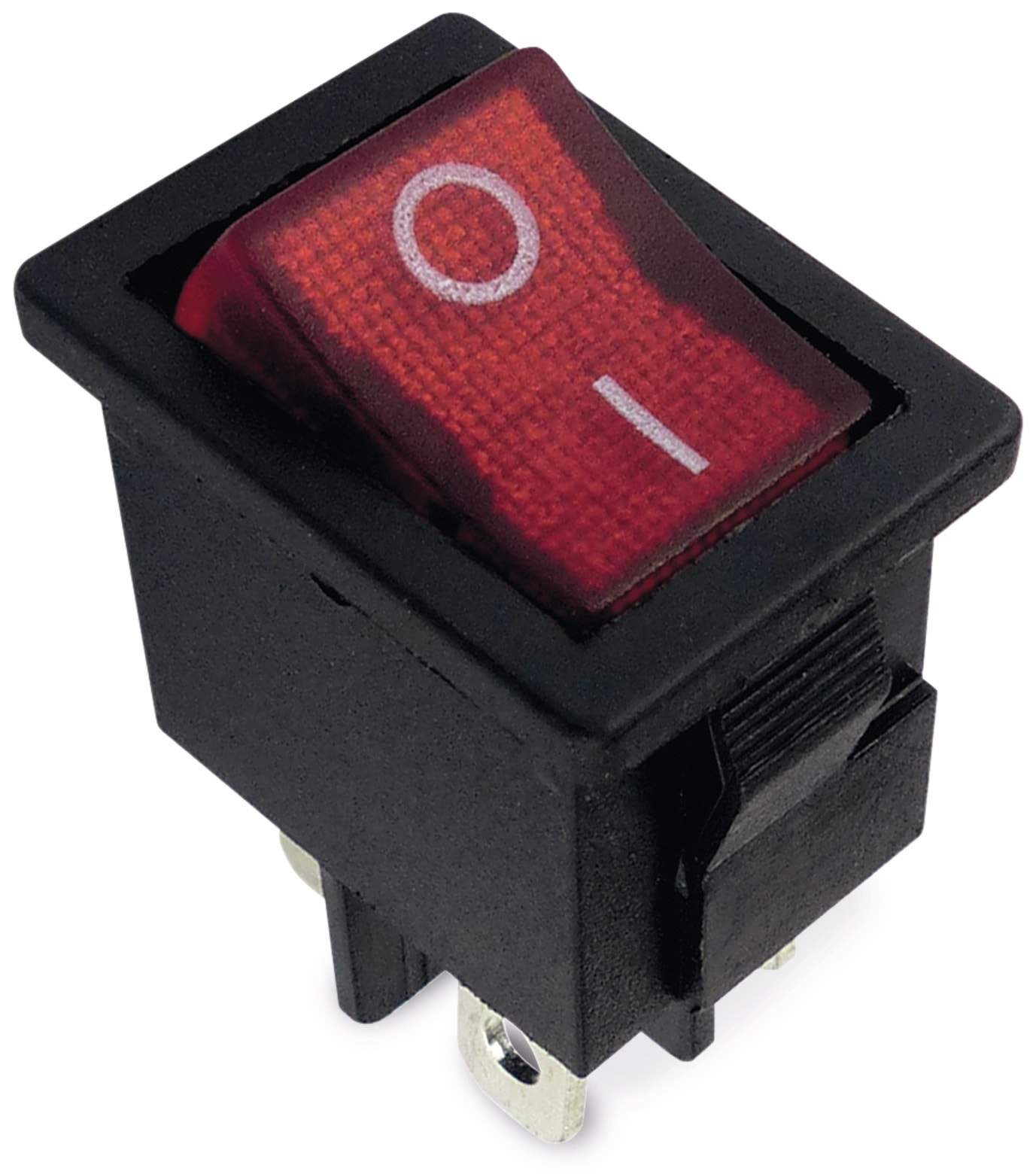 Wippenschalter 2-pol., I-0, rot beleuchtet, 19x12,5 mm Wippenschalter 2-pol., I-0, rot beleuchtet, 19x12,5 mm