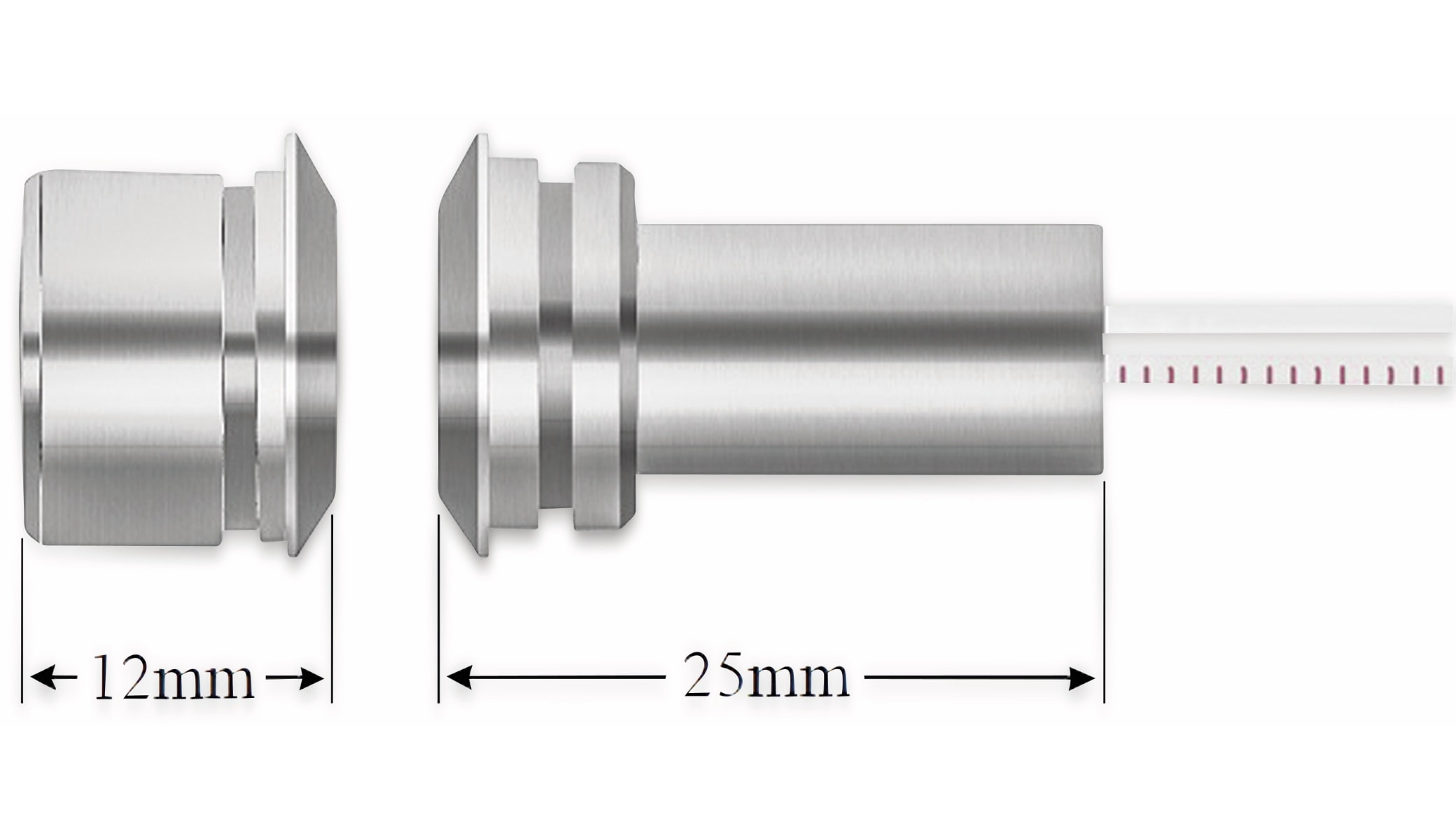 Tür-Fenster- Einlaßkontakt, 36 V/0,5 A, Ø12x25mm, Aluminium Tür-Fenster- Einlaßkontakt, 36 V/0,5 A, Ø12x25mm, Aluminium