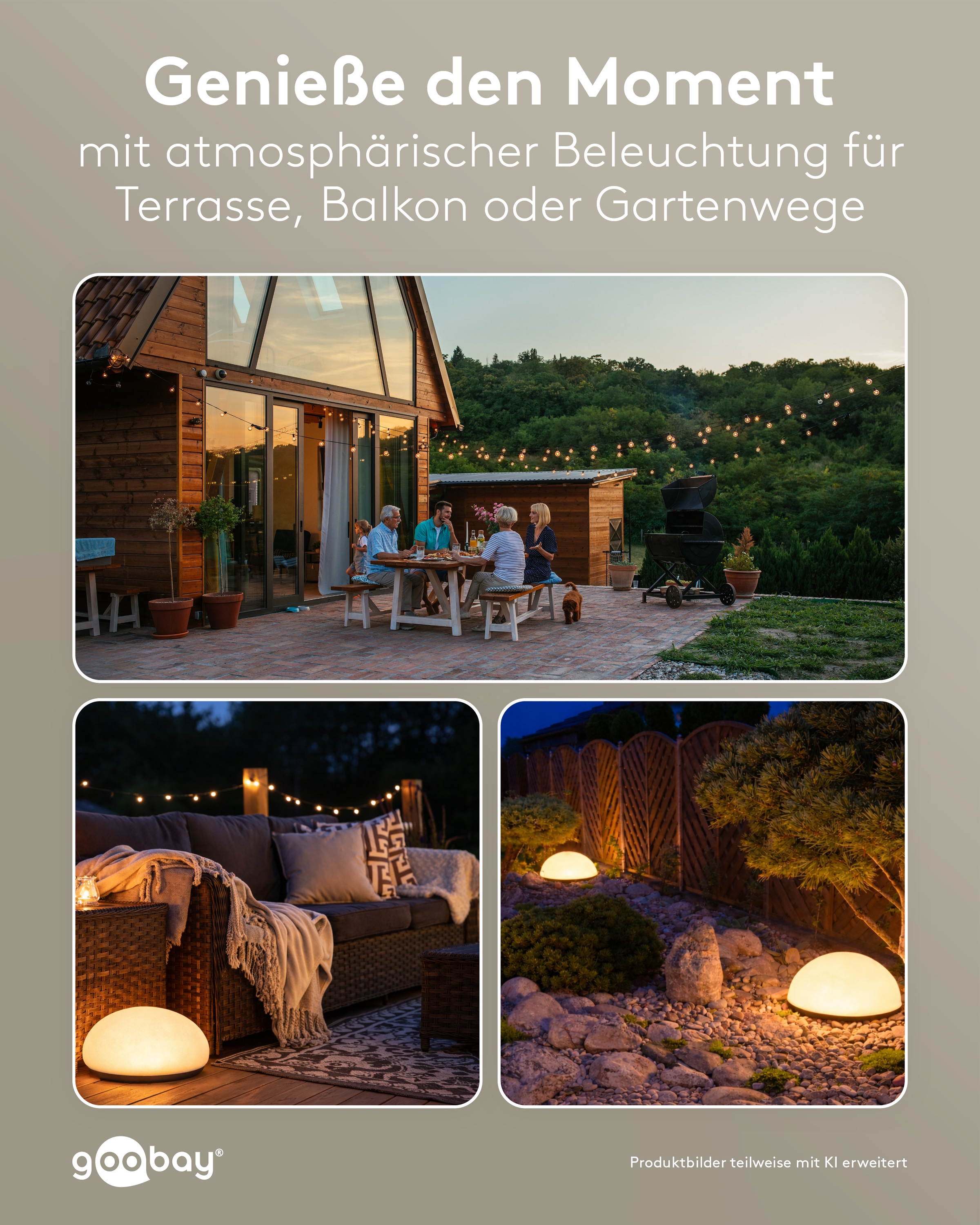 GOOBAY LED-Solar-Gartenleuchten, 24 cm, Stein, Größe M, RGBW, 2 Stück