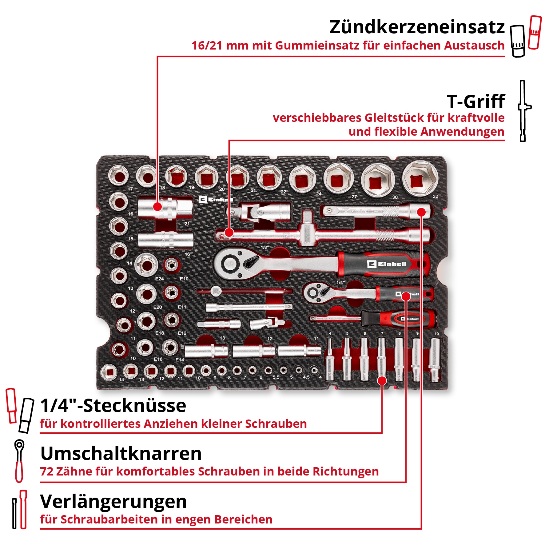 EINHELL E-Case-Einleger Stecknüsse und Ratschen, 370520, 60-teilig EINHELL E-Case-Einleger Stecknüsse und Ratschen, 370520, 60-teilig