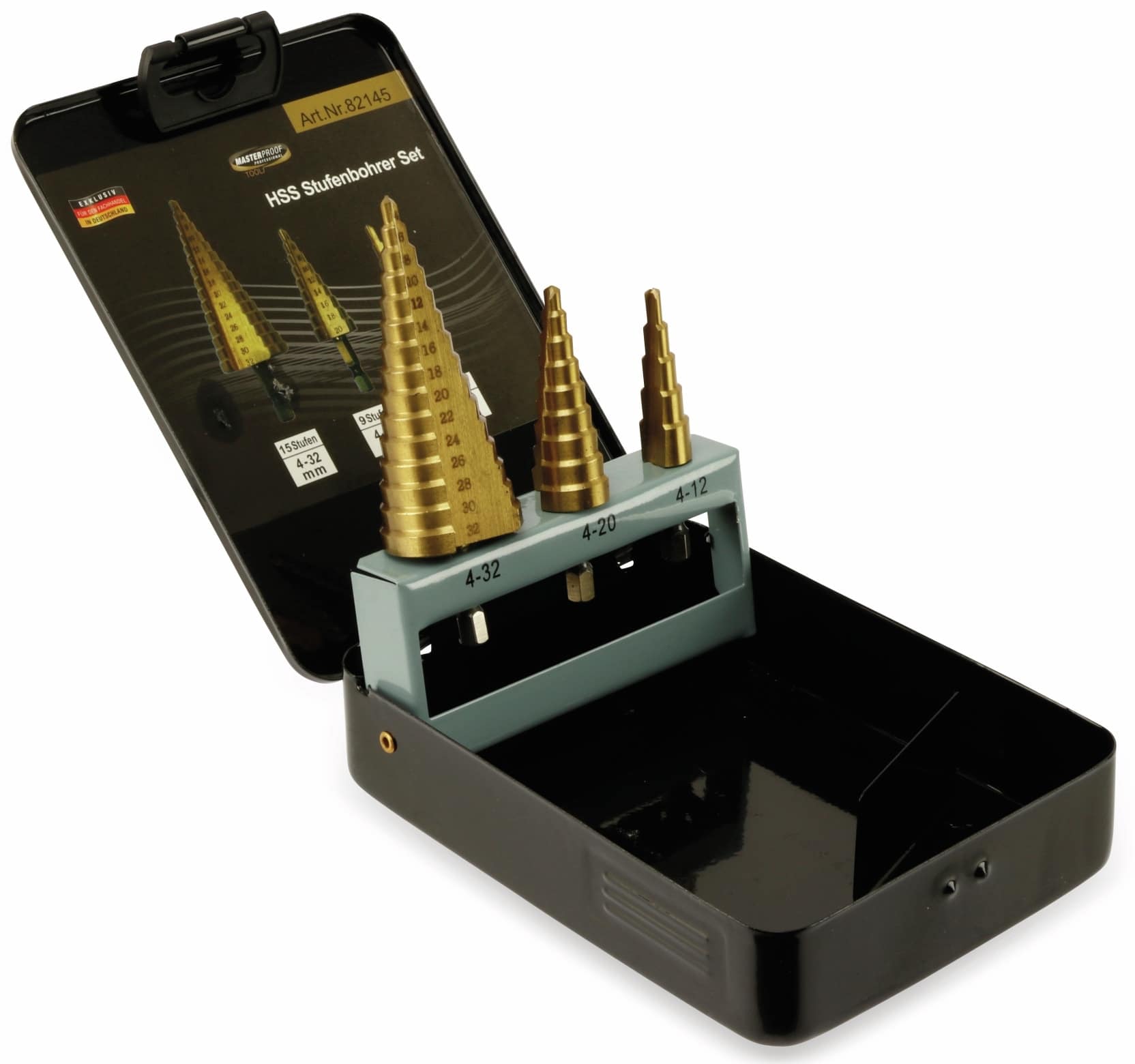 MASTERPROOF Stufenbohrer Satz 3 teilig, in Metallbox