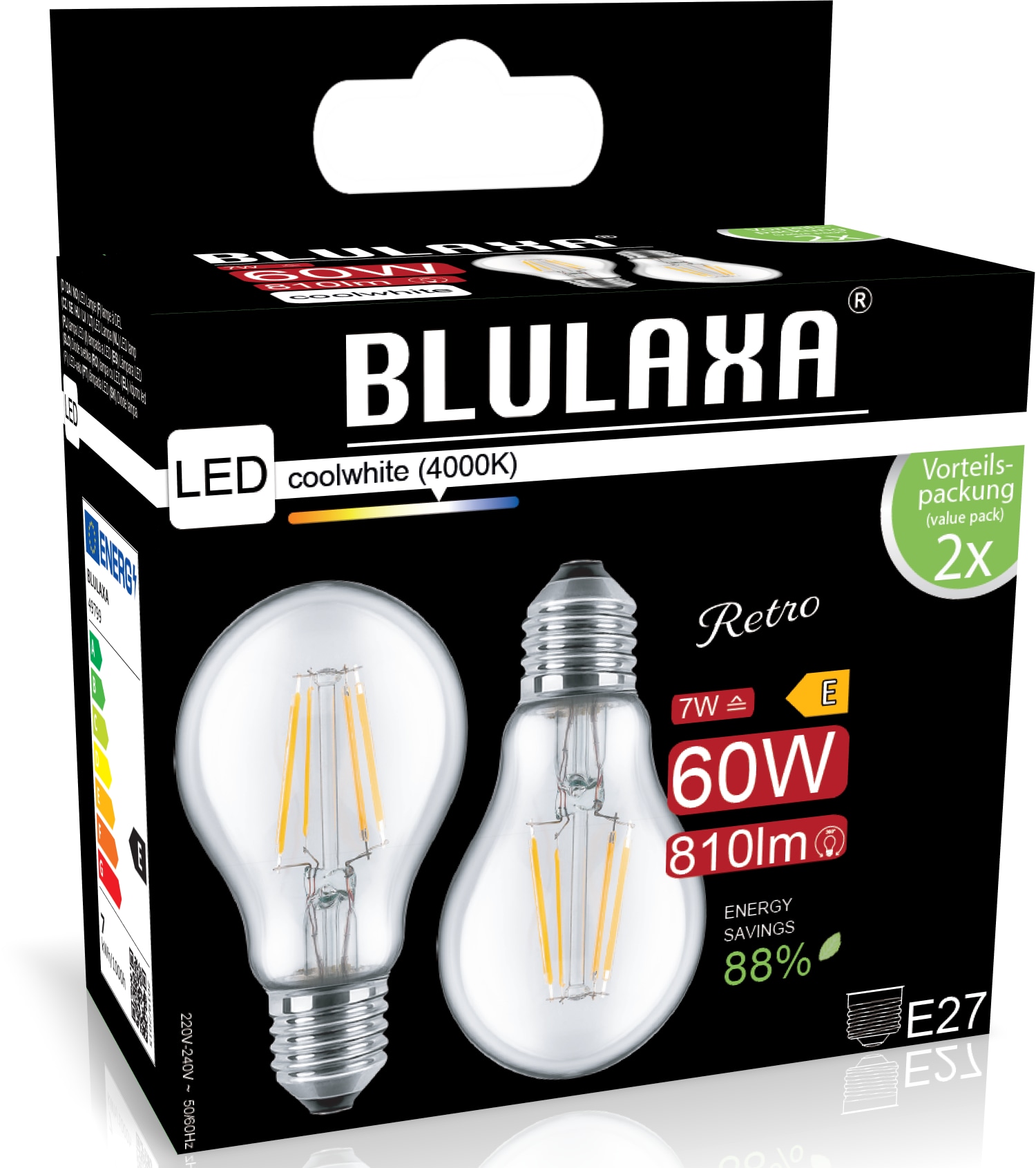 BLULAXA LED-Filament-Lampe, A60, EEK: E, E27, 7 W, 810 lm, 4000 K, 2 Stück BLULAXA LED-Filament-Lampe, A60, EEK: E, E27, 7 W, 810 lm, 4000 K, 2 Stück