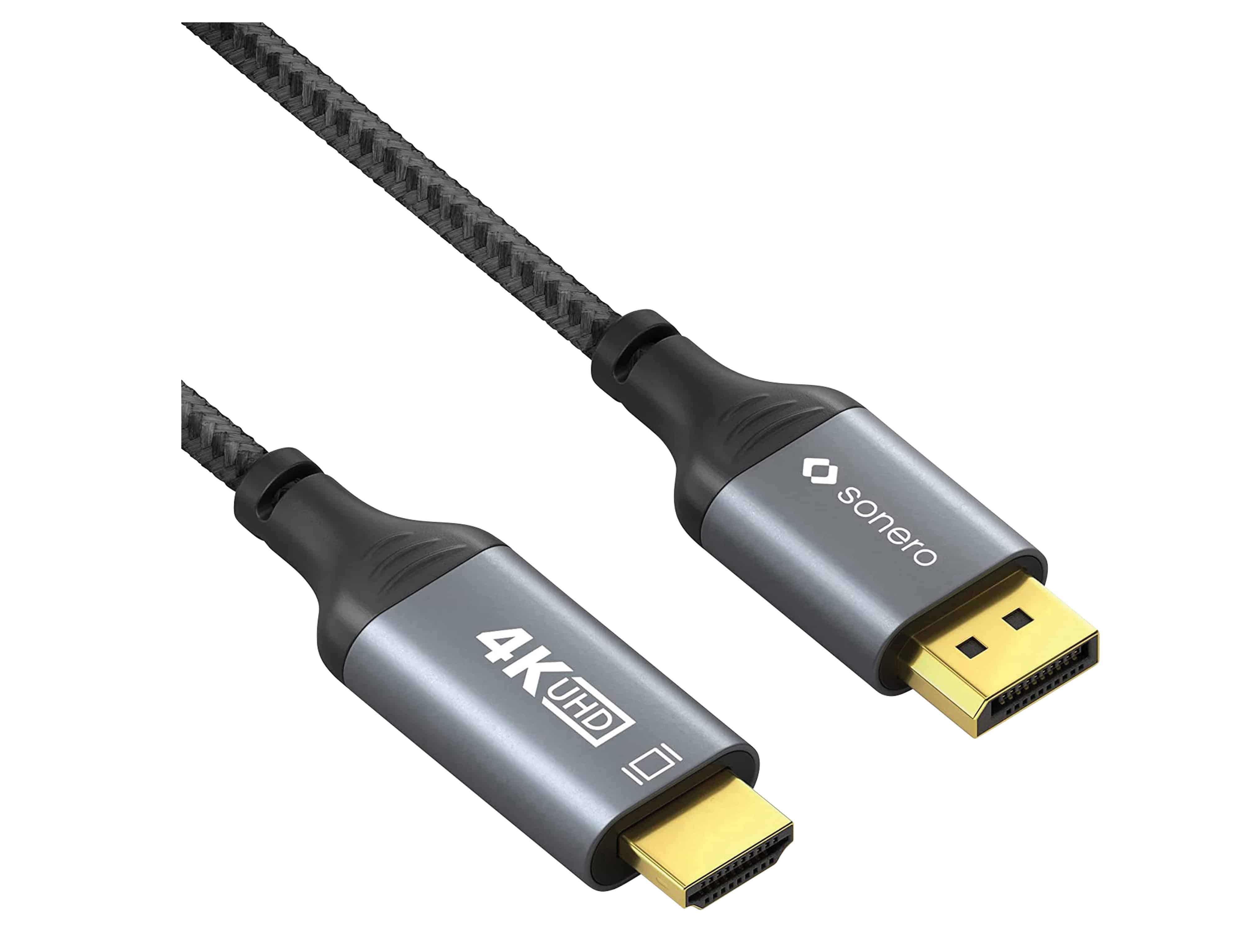 SONERO DisplayPort-Kabel, DP/HDMI, Stecker/Stecker, 4K60, grau/schwarz, 2 m SONERO DisplayPort-Kabel, DP/HDMI, Stecker/Stecker, 4K60, grau/schwarz, 2 m