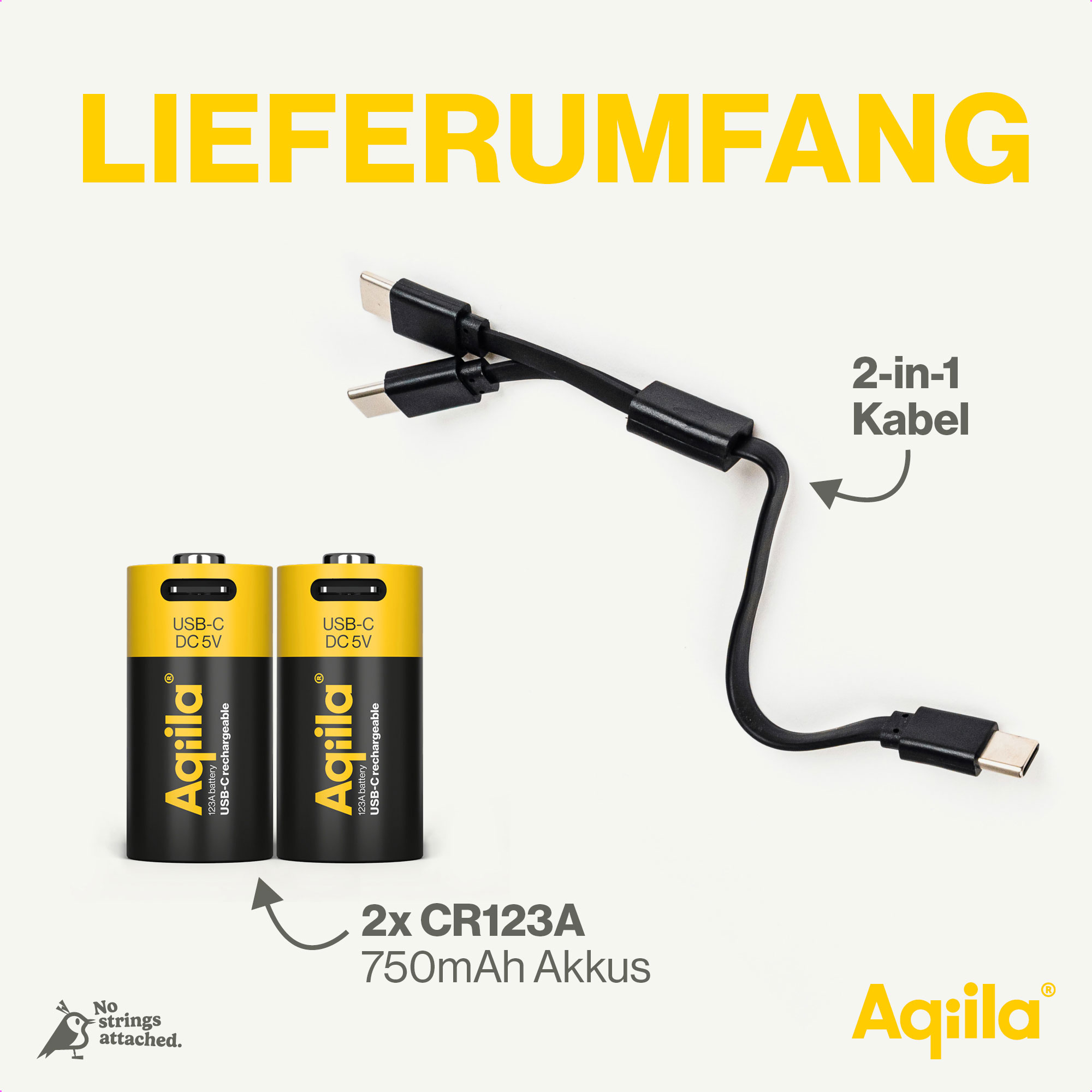 AQIILA Li-lon-Akku, CR123A, USB-C, 3 V, 2er Pack Li-lon-Akku AQILLA, CR123A, USB-C, 3 V, 2er Pack