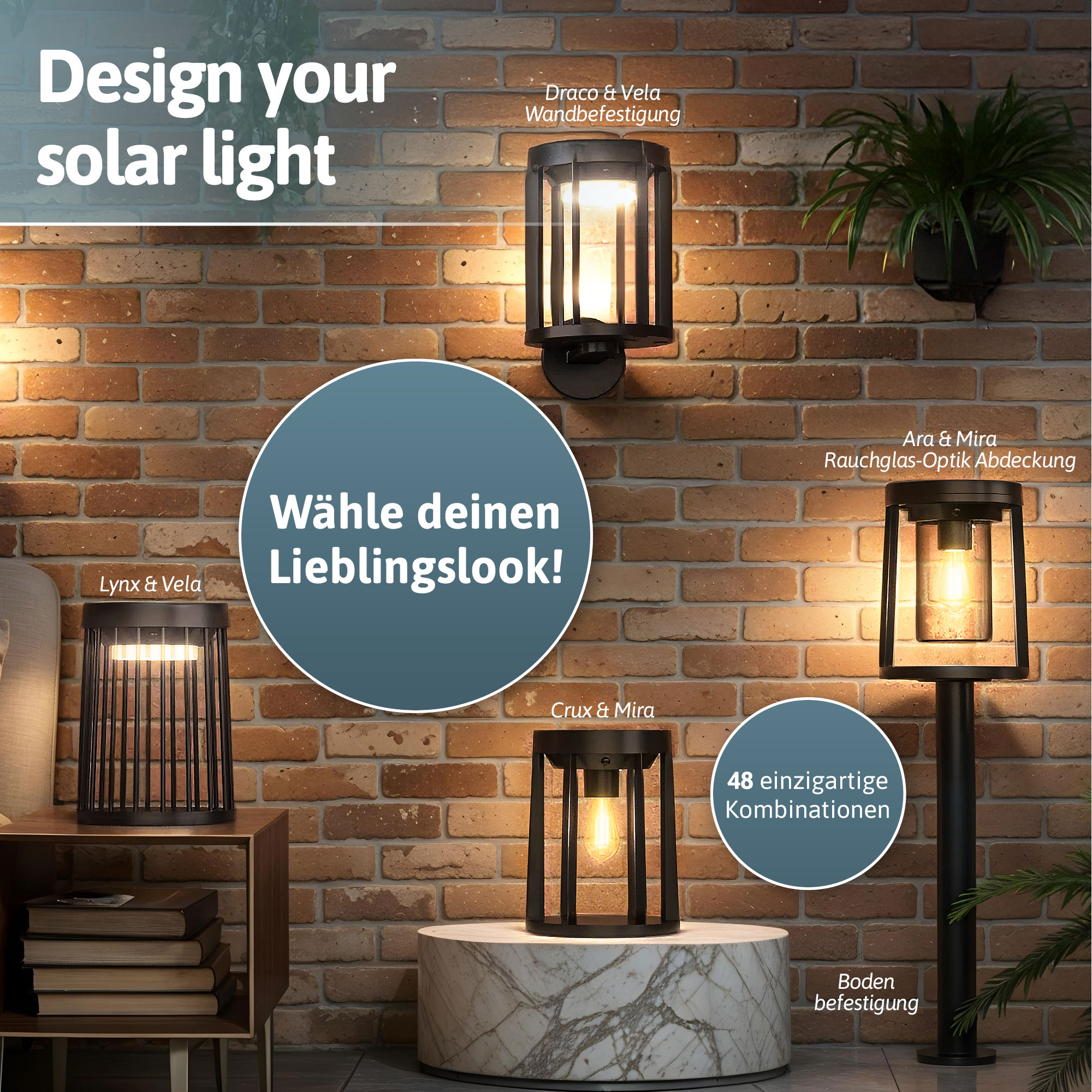 BRENDZ Solar LED-Tischleuchte, Vela & Draco, 100/500/1000 lm, 3000 K, IP65