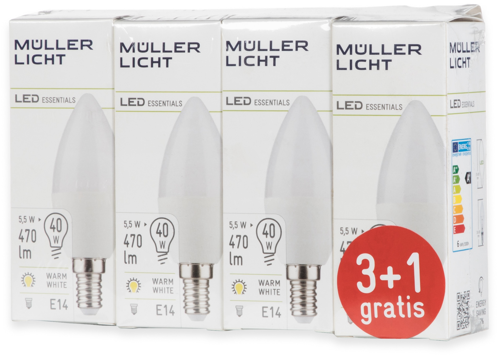 MÜLLER-LICHT LED-Lampe, Kerzenform, 400258, E14, EEK: F, 4,5W, 470 lm, 2700 K, matt, 4 Stück MÜLLER-LICHT LED-Lampe, Kerzenform, 400258, E14, EEK: F, 4,5W, 470 lm, 2700 K, matt, 4 Stück