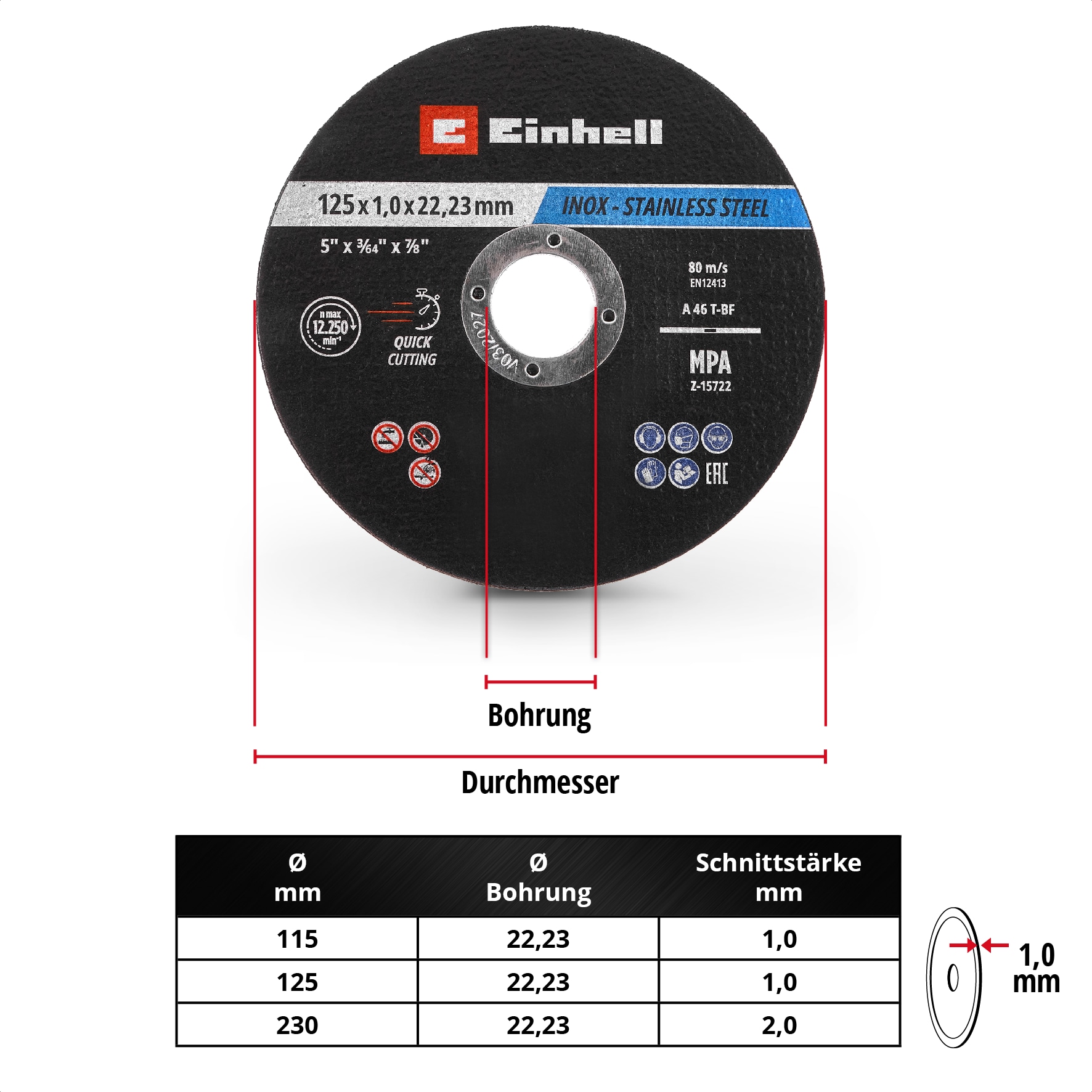 EINHELL Trennscheiben, 711528, 125x1,0 mm, 50 Stück