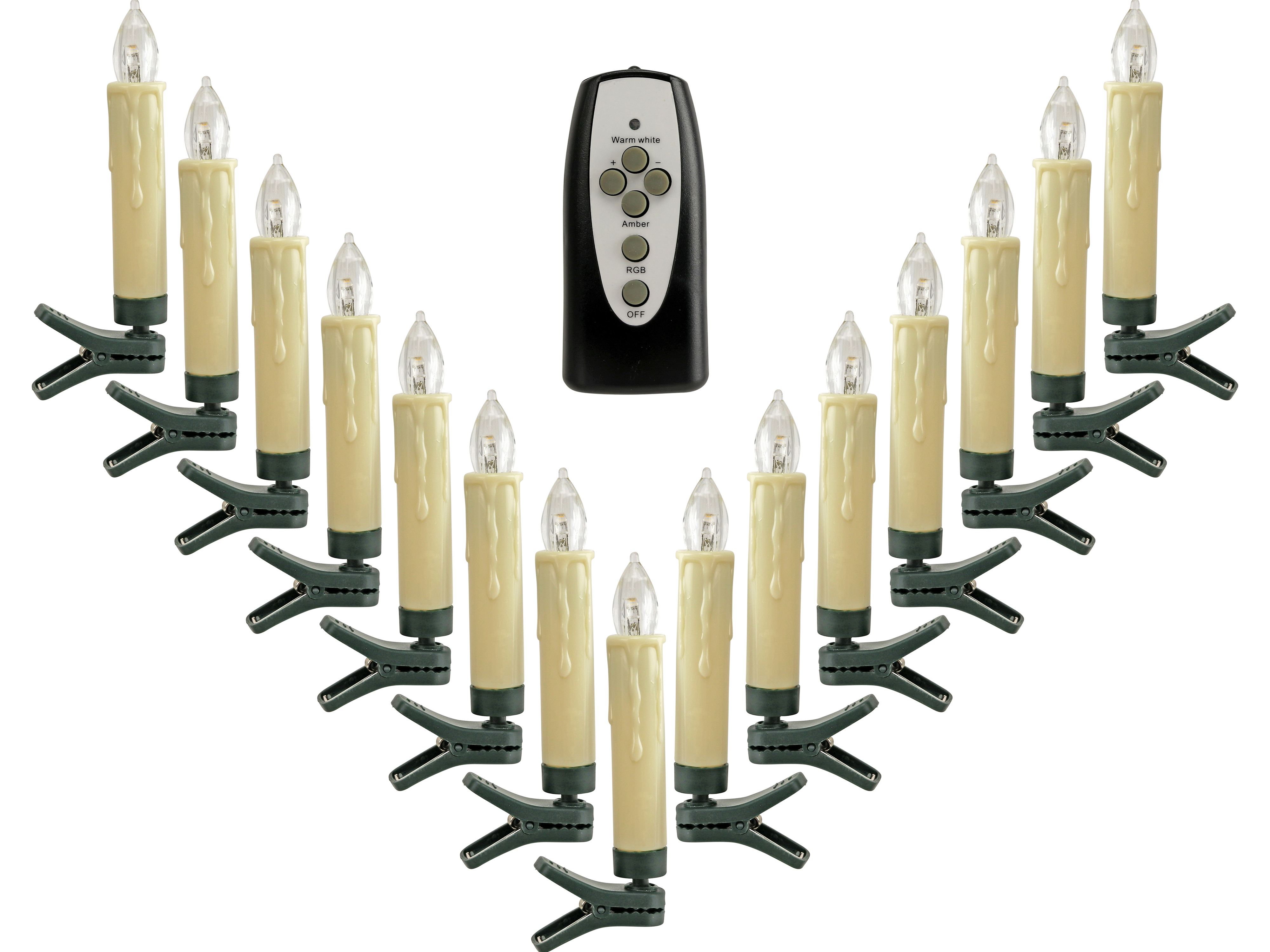 Kabellose LED-Christbaumkerzen, warmweiß, RGB, Dimmbar, Flackerfunktion, 15 Stück