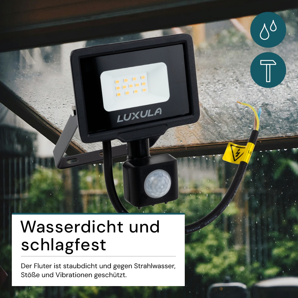 LUXULA LED-Fluter mit Bewegungsmelder, EEK: F, 10W, 1000lm, 3000K, schwarz